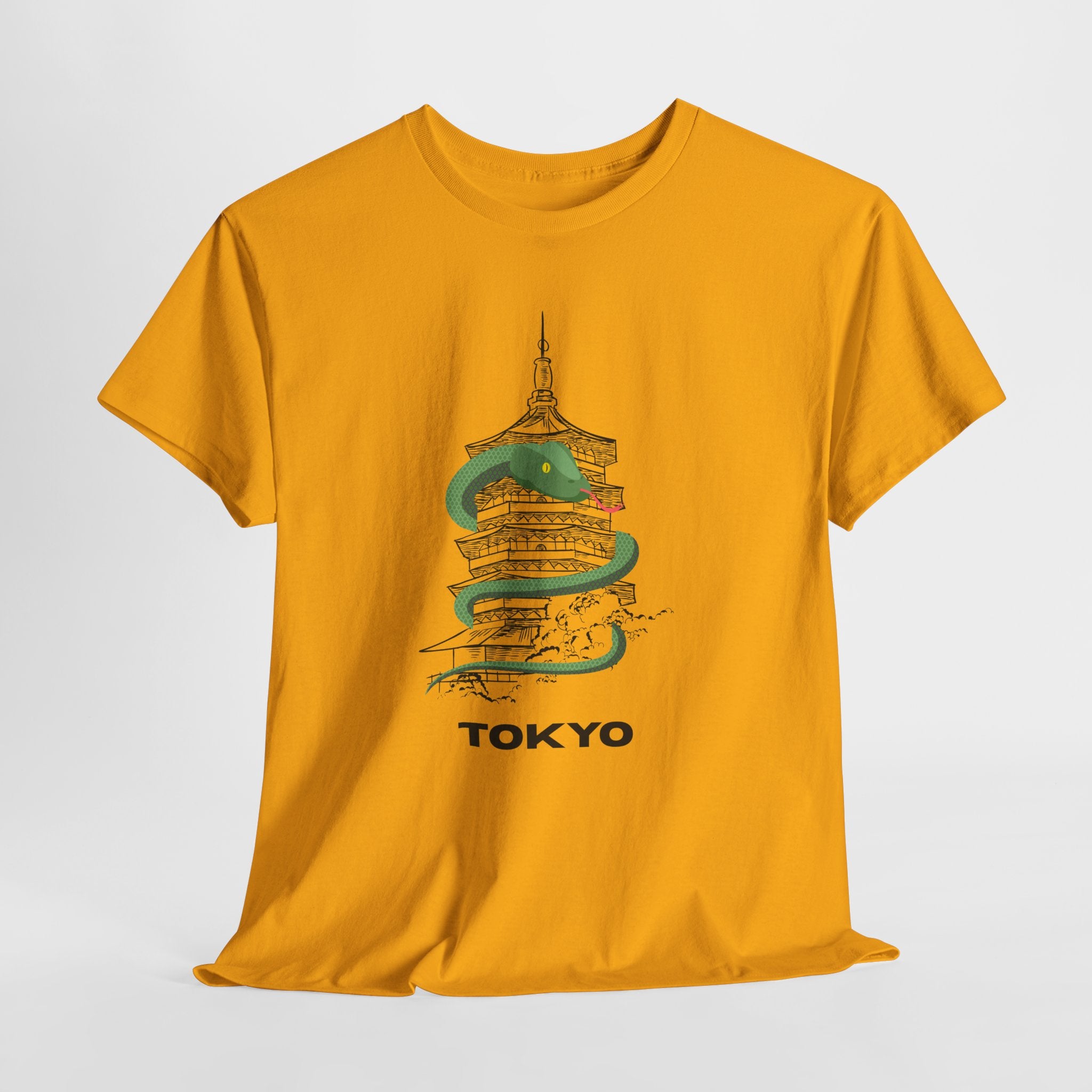 Quirky and FunTokyo Pagoda Serpent Graphic Unisex Heavy Cotton Tee — Green Snake & Pagoda Travel T‑Shirt