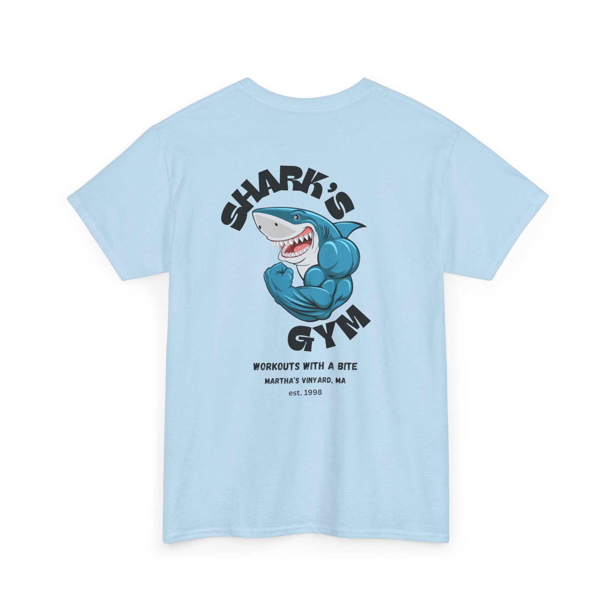 World Famous Shark's Gym  Martha's Vinyard, MA  (Back Design) Unisex Workout Tee Shirt