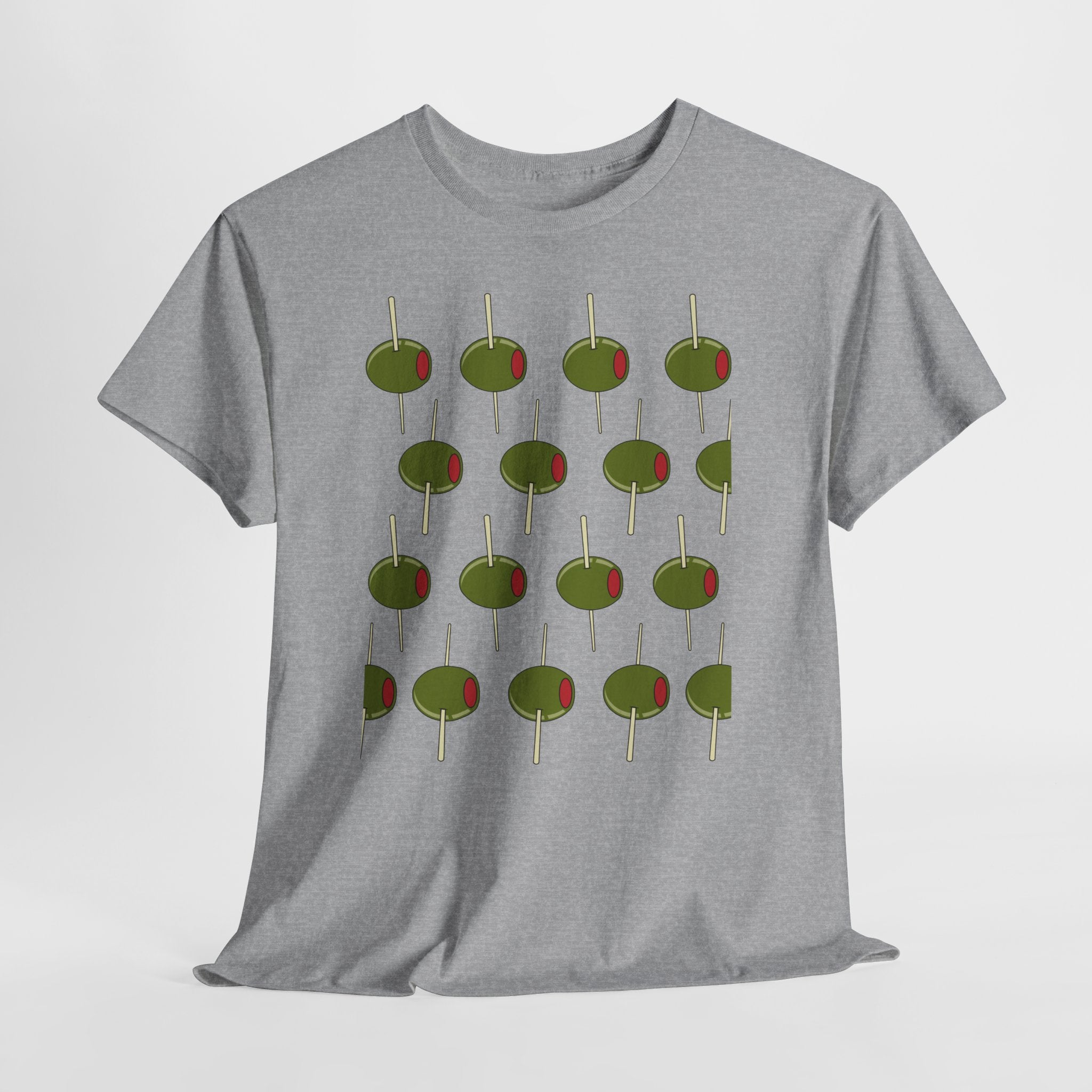 Graphic Contemporary Cocktail Olives on The March.  Unisex Heavy Cotton  Tee — Retro Martini Cocktail Graphic T-Shirt