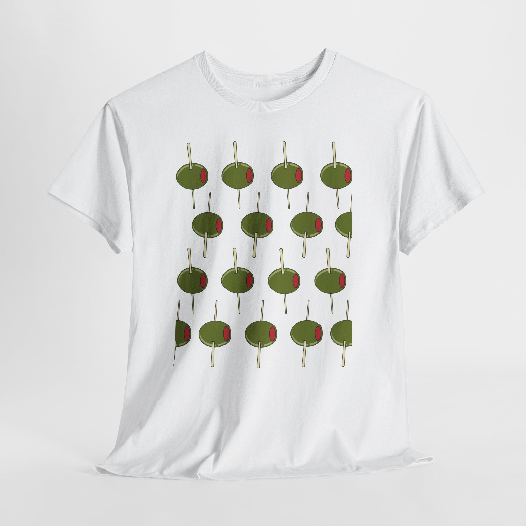 Graphic Contemporary Cocktail Olives on The March.  Unisex Heavy Cotton  Tee — Retro Martini Cocktail Graphic T-Shirt