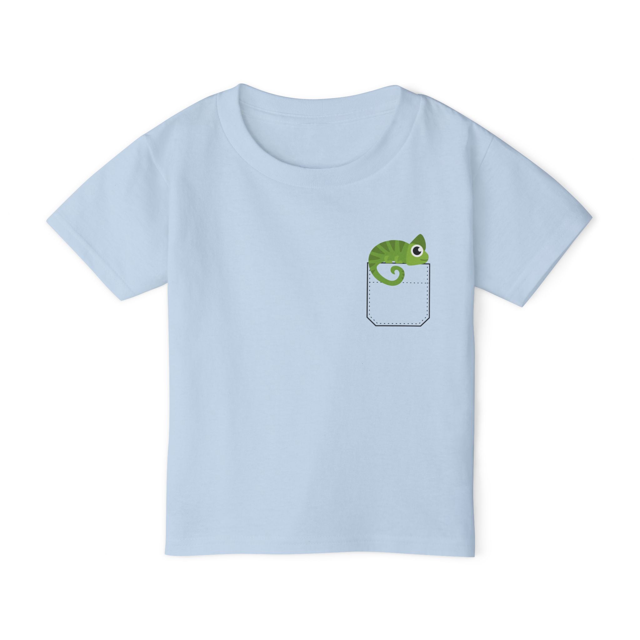 Cute and Fun Pocket Pet (Chameleon) Unisex Heavy Cotton  Toddler T-Shirt. There is NO Pocket in this Shirt.  The Pocket is part of the Artwork