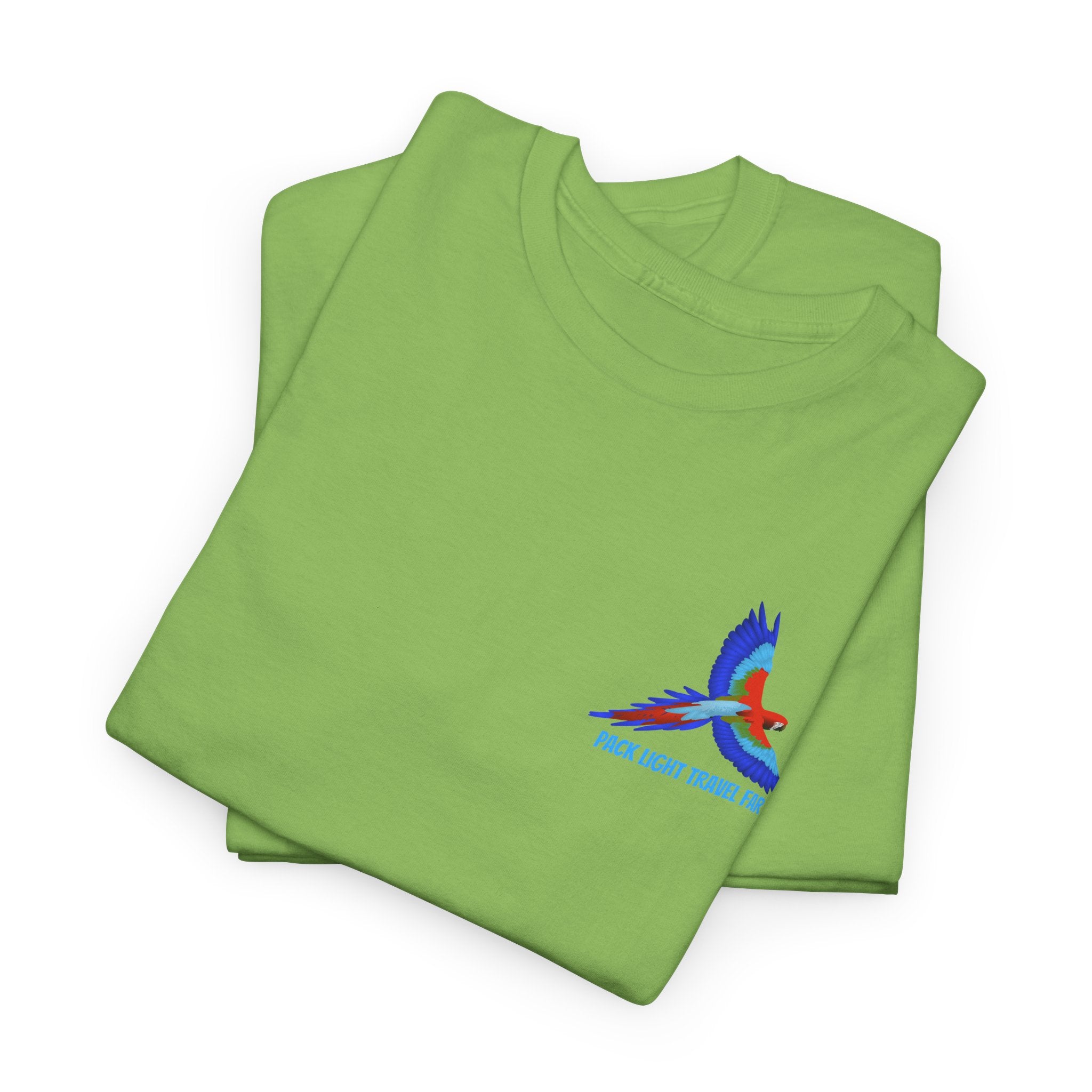 Express your Travel needs with  Pack Light and Travel Far Unisex T shirt with colorful Macaw Design