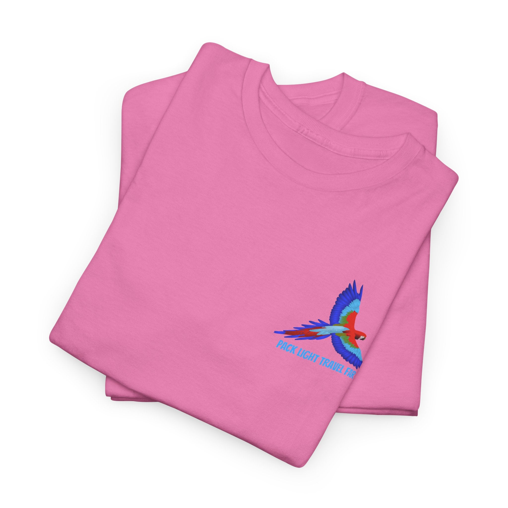 Express your Travel needs with  Pack Light and Travel Far Unisex T shirt with colorful Macaw Design