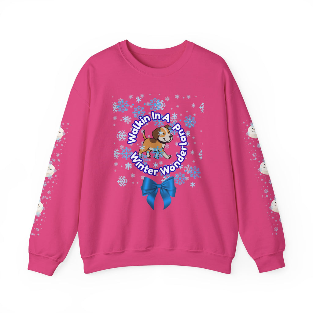 Happy Dog Lover Holiday "Walkin' In A Winter Wonderland" Unisex Crewneck Sweatshirt with Side Arm Embellishments
