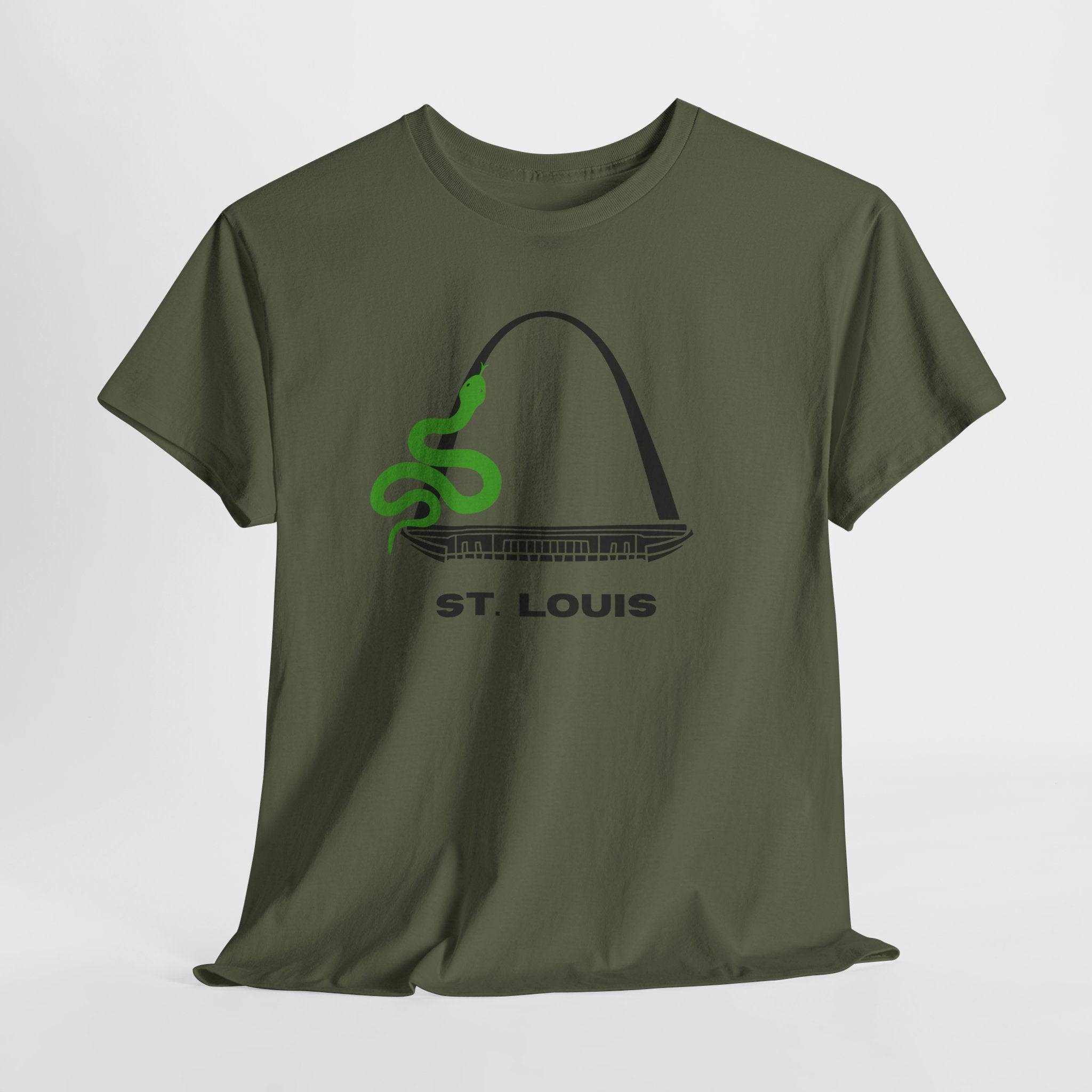 Fun and Quirky St. Louis Gateway Arch Graphic Unisex Heavy Cotton T‑Shirt — Green Snake Design