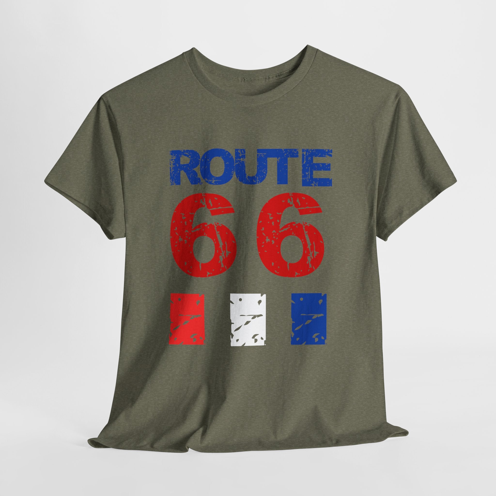 Route 66 Vintage Distressed  Unisex Heavy Cotton Tee — Americana Road Trip Shirt