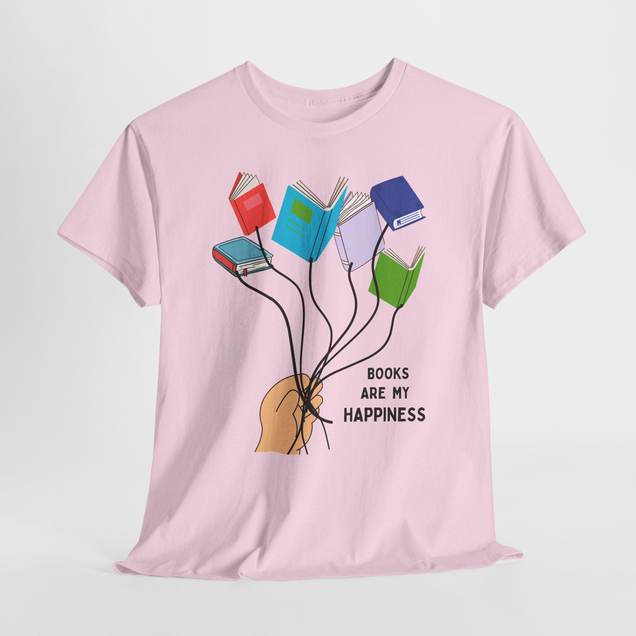 Fun Books Are My Happiness Unisex Heavy Cotton T-Shirt — Book Lover Tee with Colorful Book Balloon Bouquet