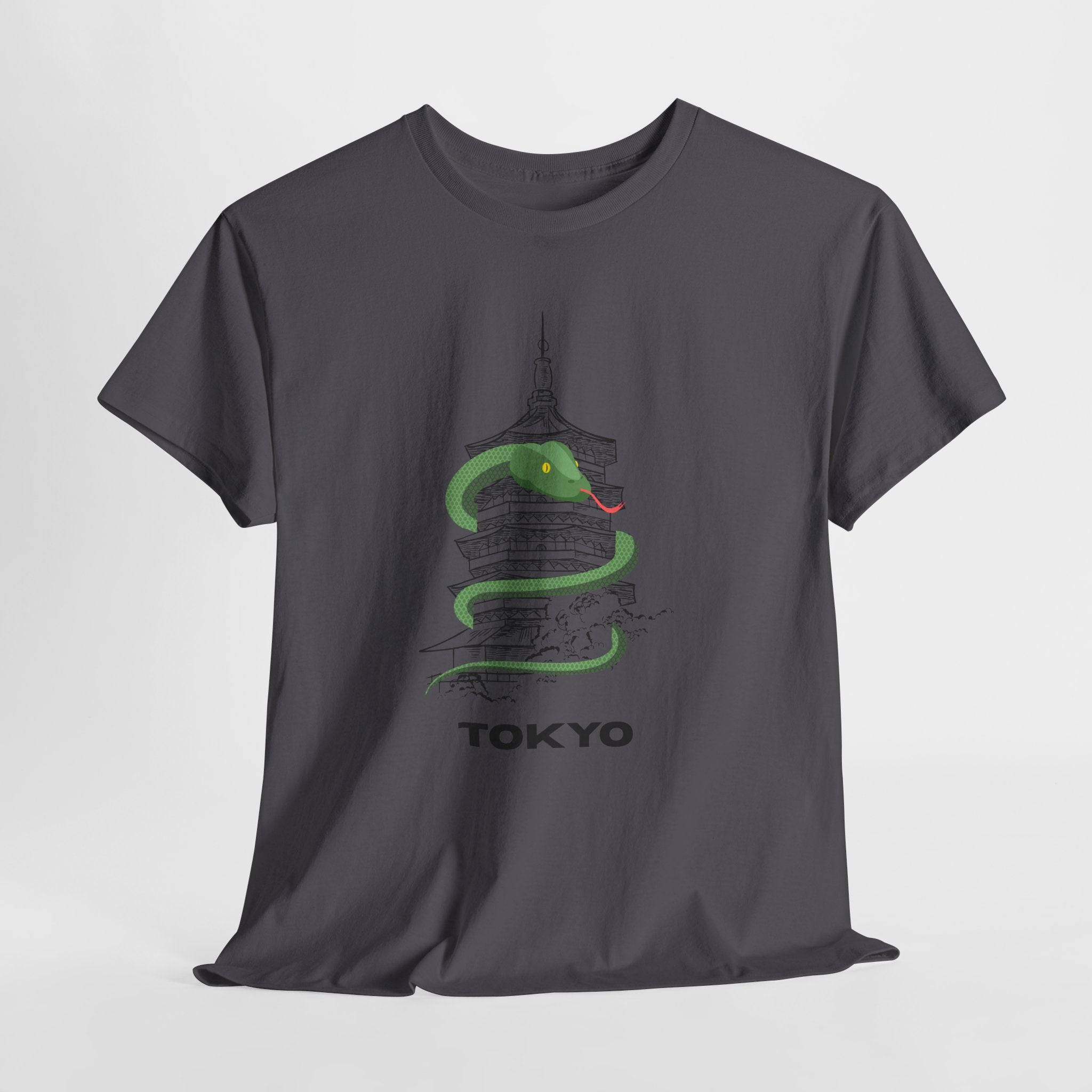 Quirky and FunTokyo Pagoda Serpent Graphic Unisex Heavy Cotton Tee — Green Snake & Pagoda Travel T‑Shirt