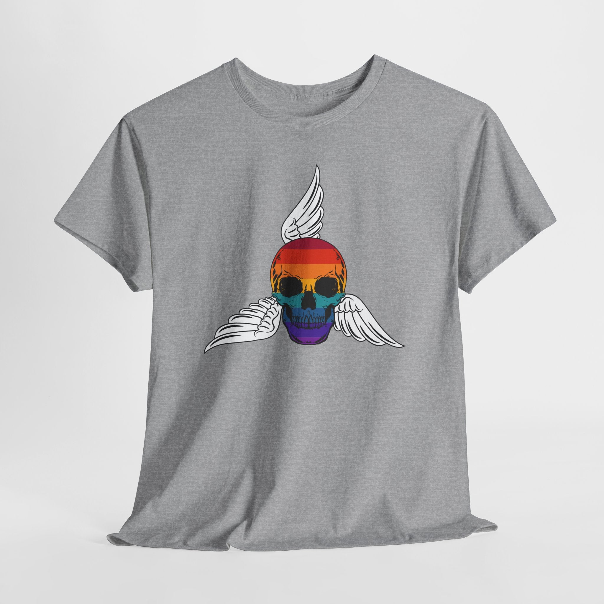 Graphic Rainbow Winged Skull Unisex Heavy Cotton T-Shirt — Edgy Pride Skull Tee for LGBTQIA+ Events & Festivals