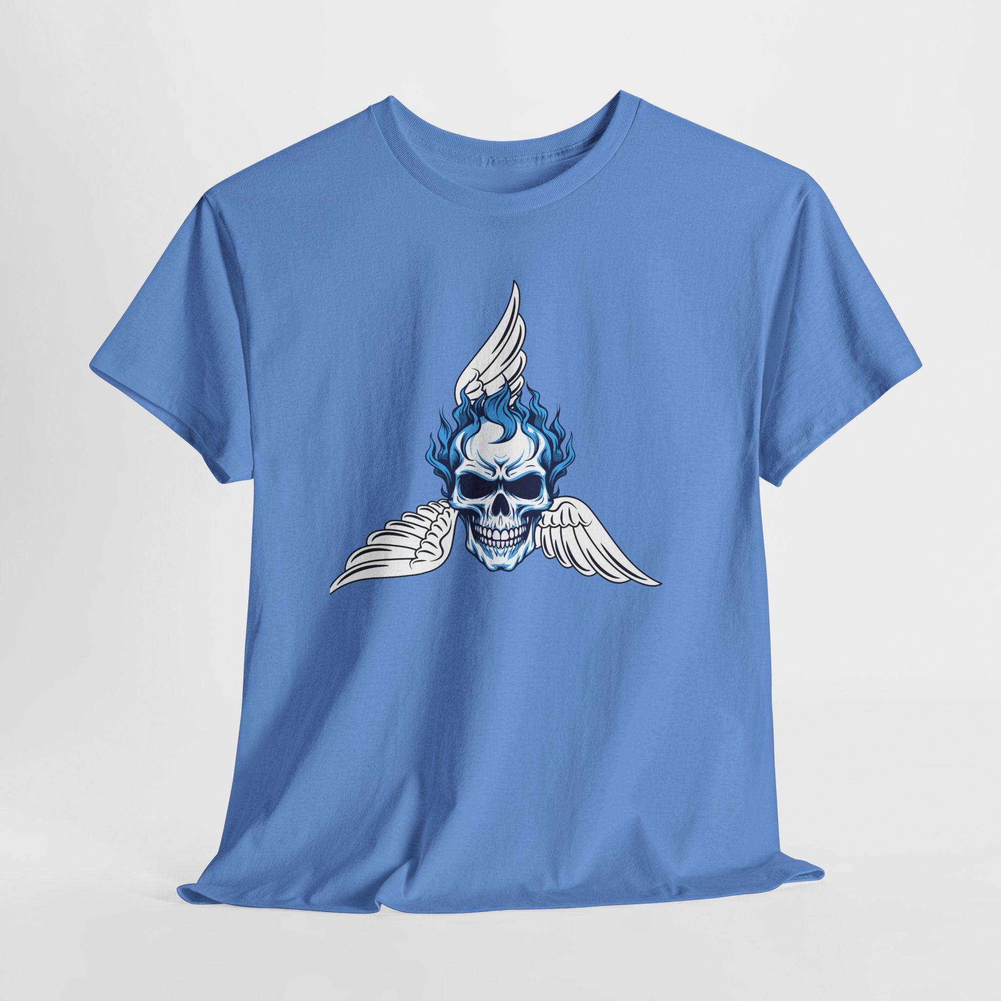 Fun Graphic Skull Flame Tee — Blue Flaming Skull with Wings Graphic  Unisex Heavy Cotton T-Shirt