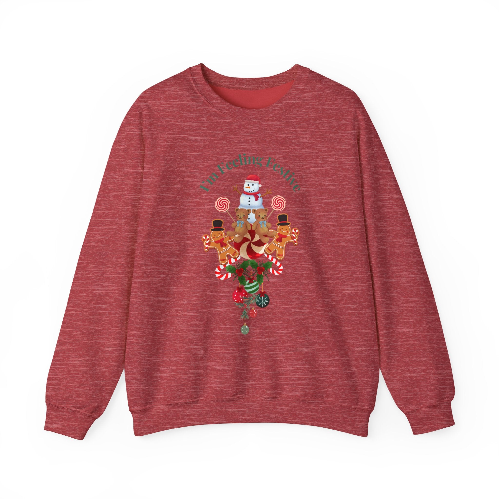 Colorful Fun "I'm Feeling Festive" Holiday Gingerbread & Snowman Graphic Design Crew Neck Unisex Sweatshirt