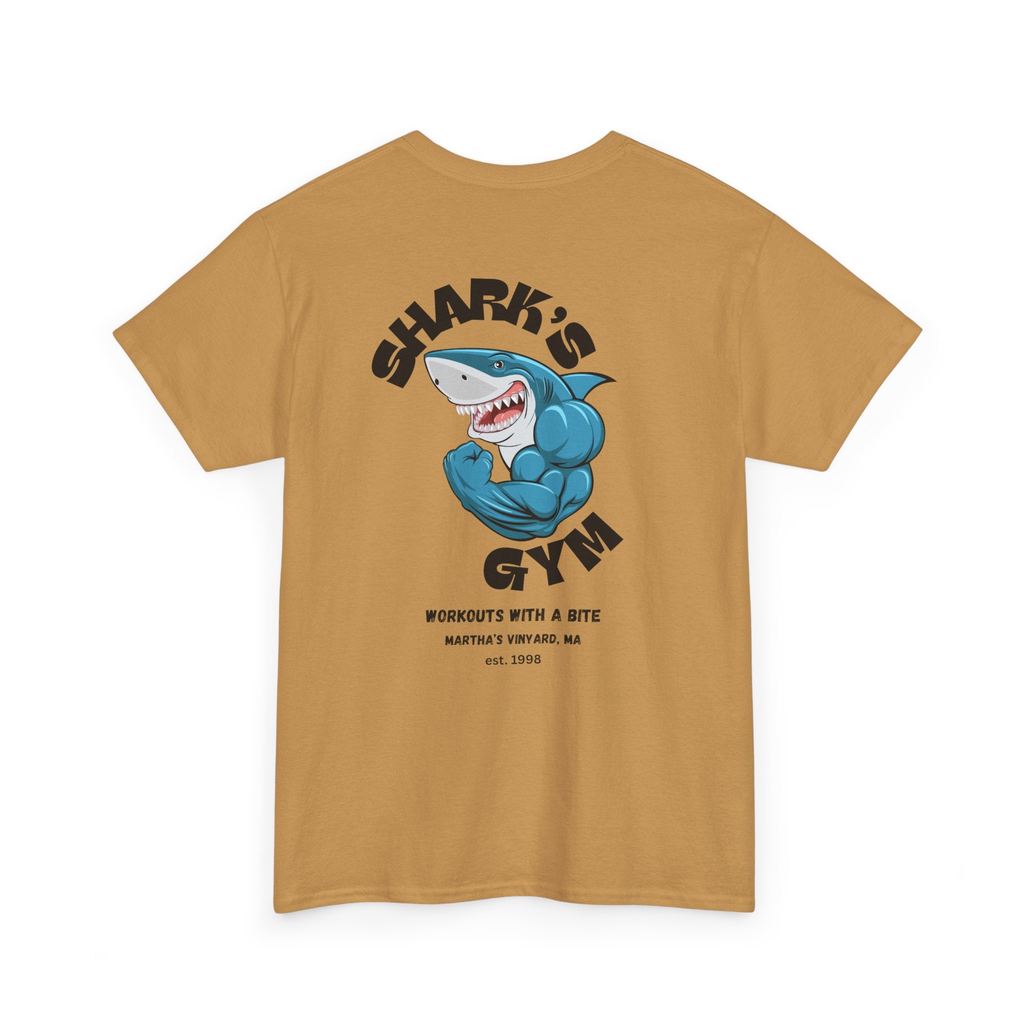 World Famous Shark's Gym  Martha's Vinyard, MA  (Back Design) Unisex Workout Tee Shirt