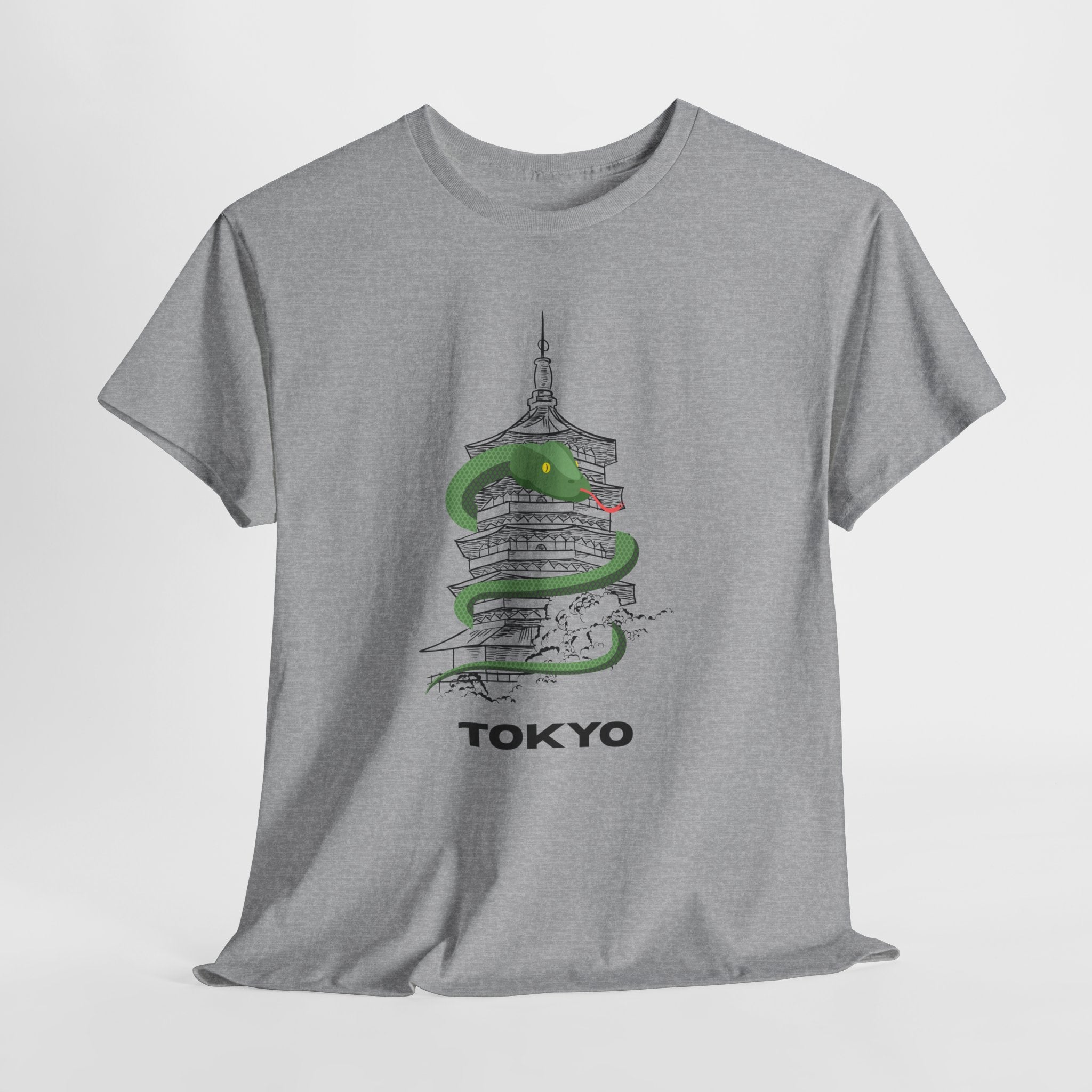 Quirky and FunTokyo Pagoda Serpent Graphic Unisex Heavy Cotton Tee — Green Snake & Pagoda Travel T‑Shirt