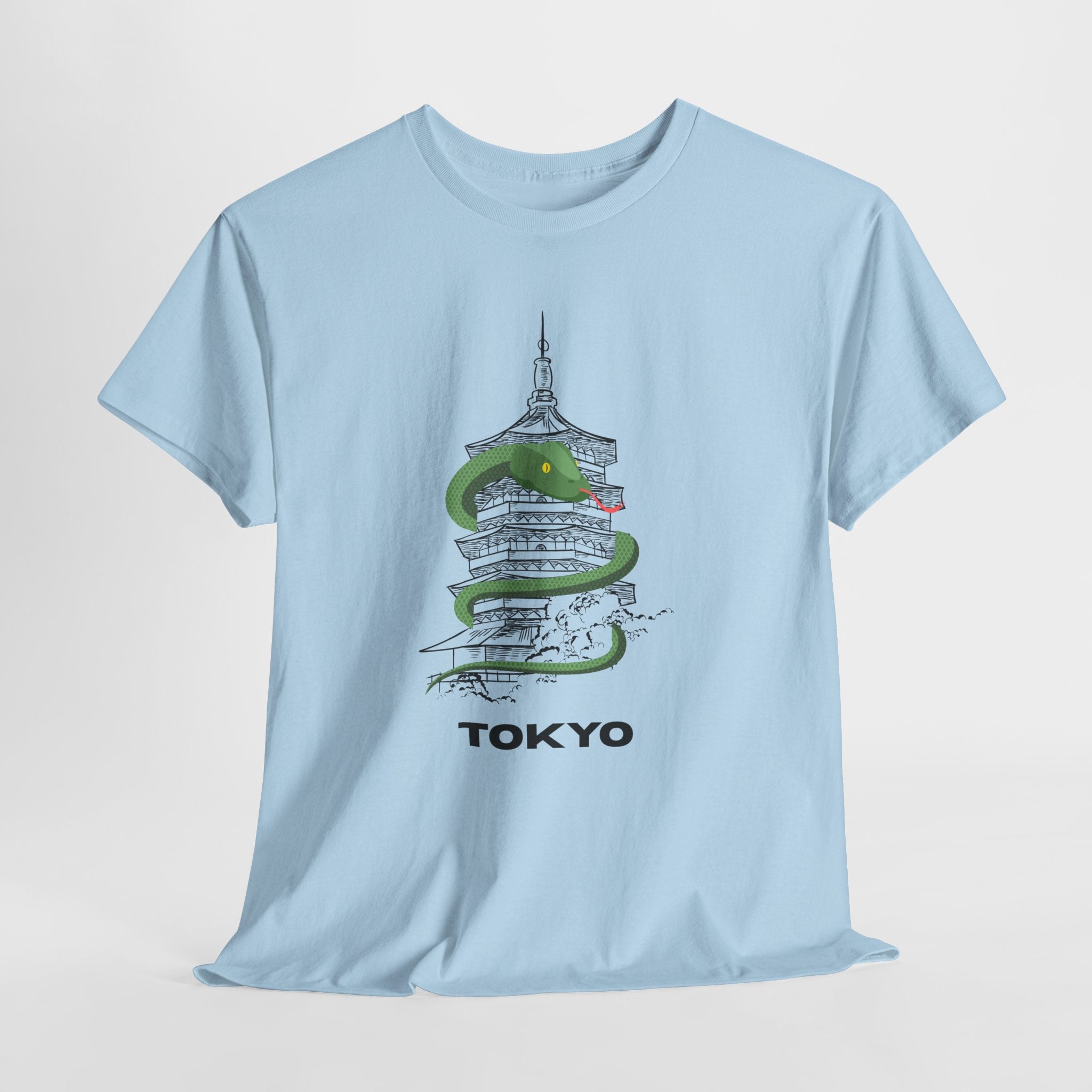 Quirky and FunTokyo Pagoda Serpent Graphic Unisex Heavy Cotton Tee — Green Snake & Pagoda Travel T‑Shirt
