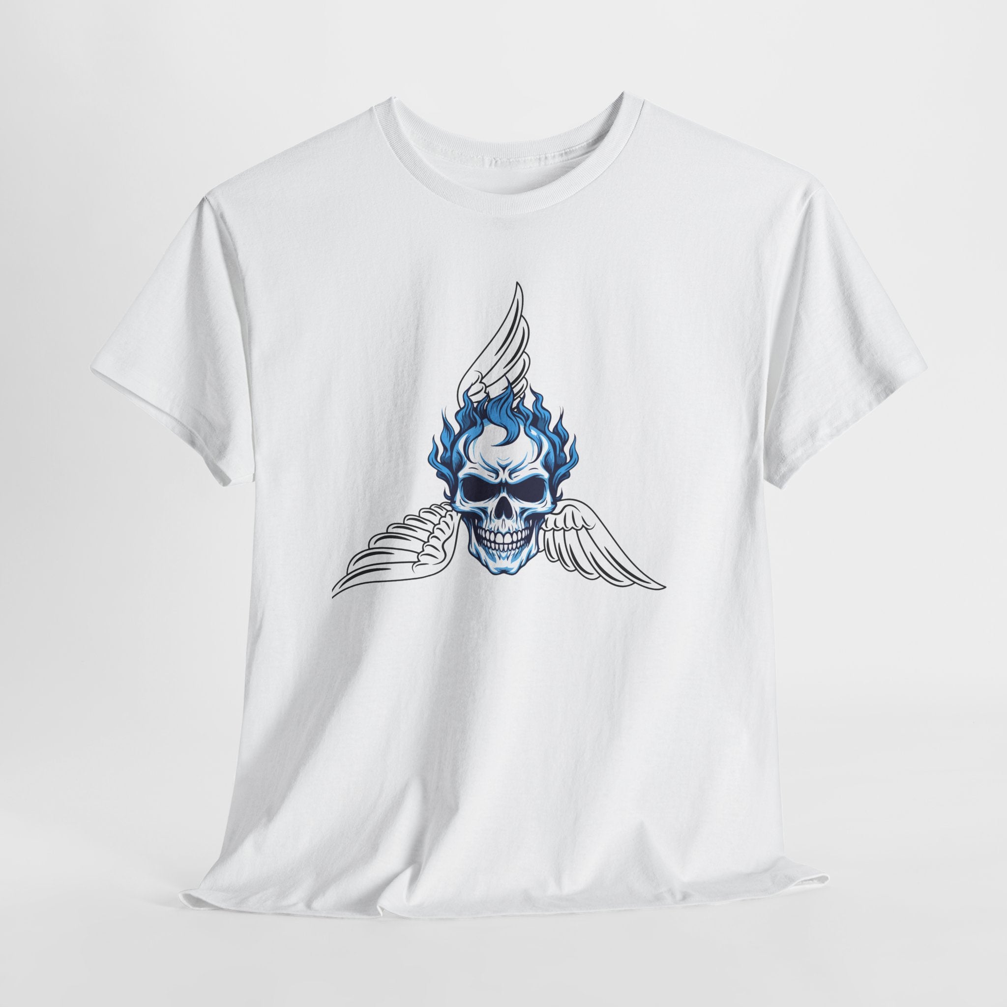 Fun Graphic Skull Flame Tee — Blue Flaming Skull with Wings Graphic  Unisex Heavy Cotton T-Shirt