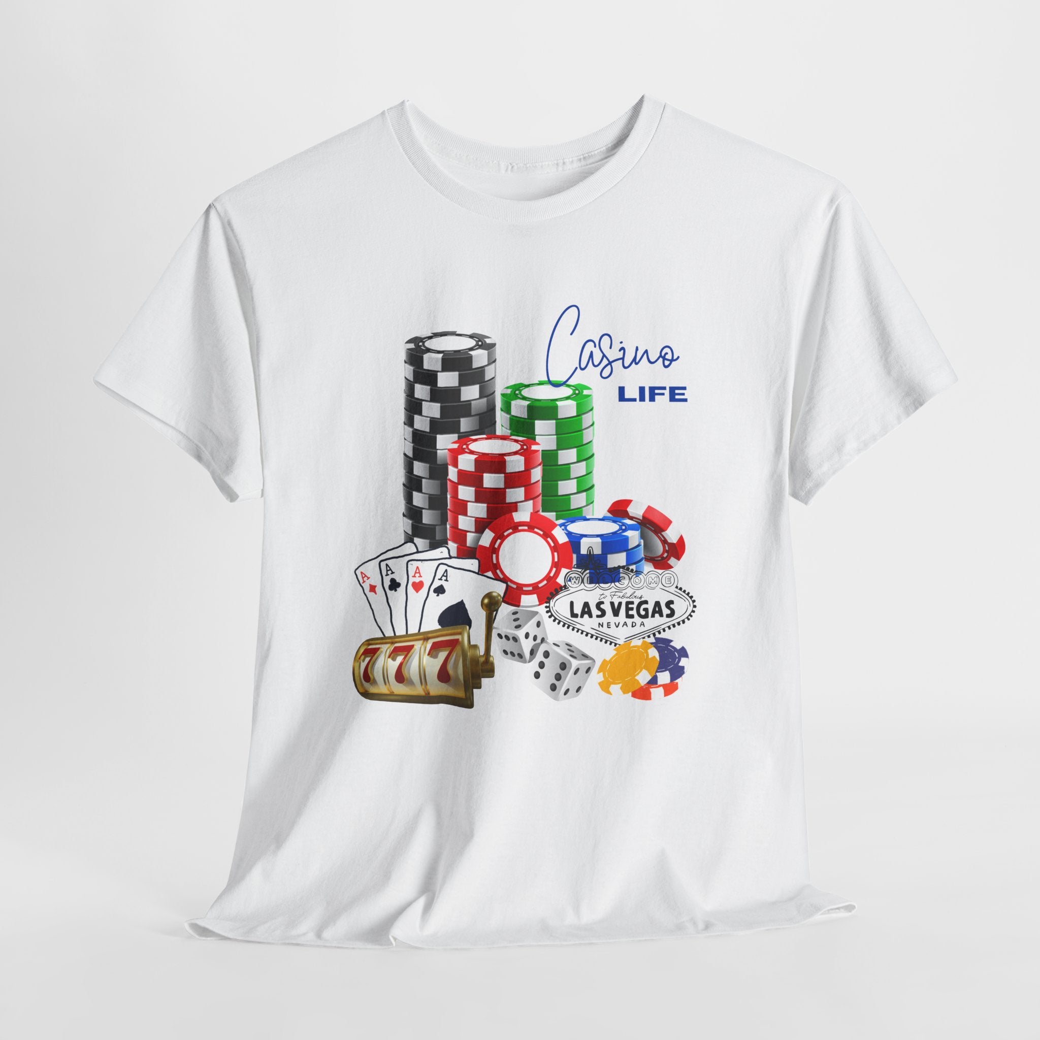 Bring on The Luck with this Casino Life Unisex Heavy Cotton T‑Shirt — Las Vegas Poker Chips & Cards Graphic Tee