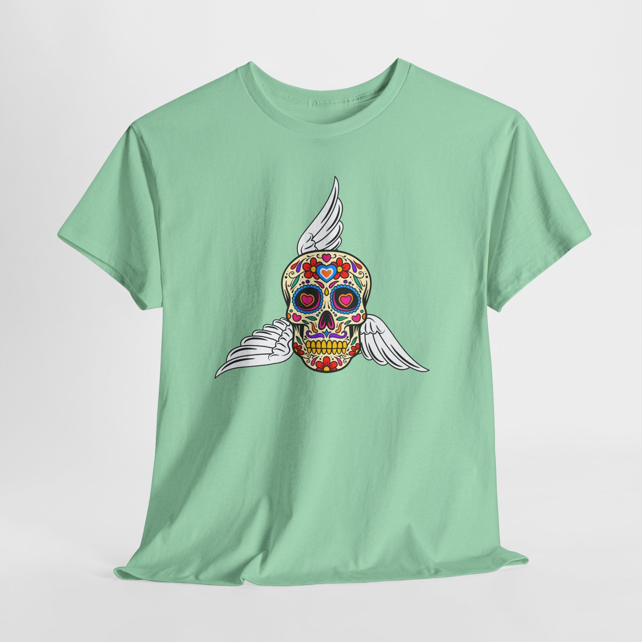 Fun Graphic Sugar Skull Tee with Angel Wings – Day of the Dead Graphic Heavy Cotton Unisex T-Shirt