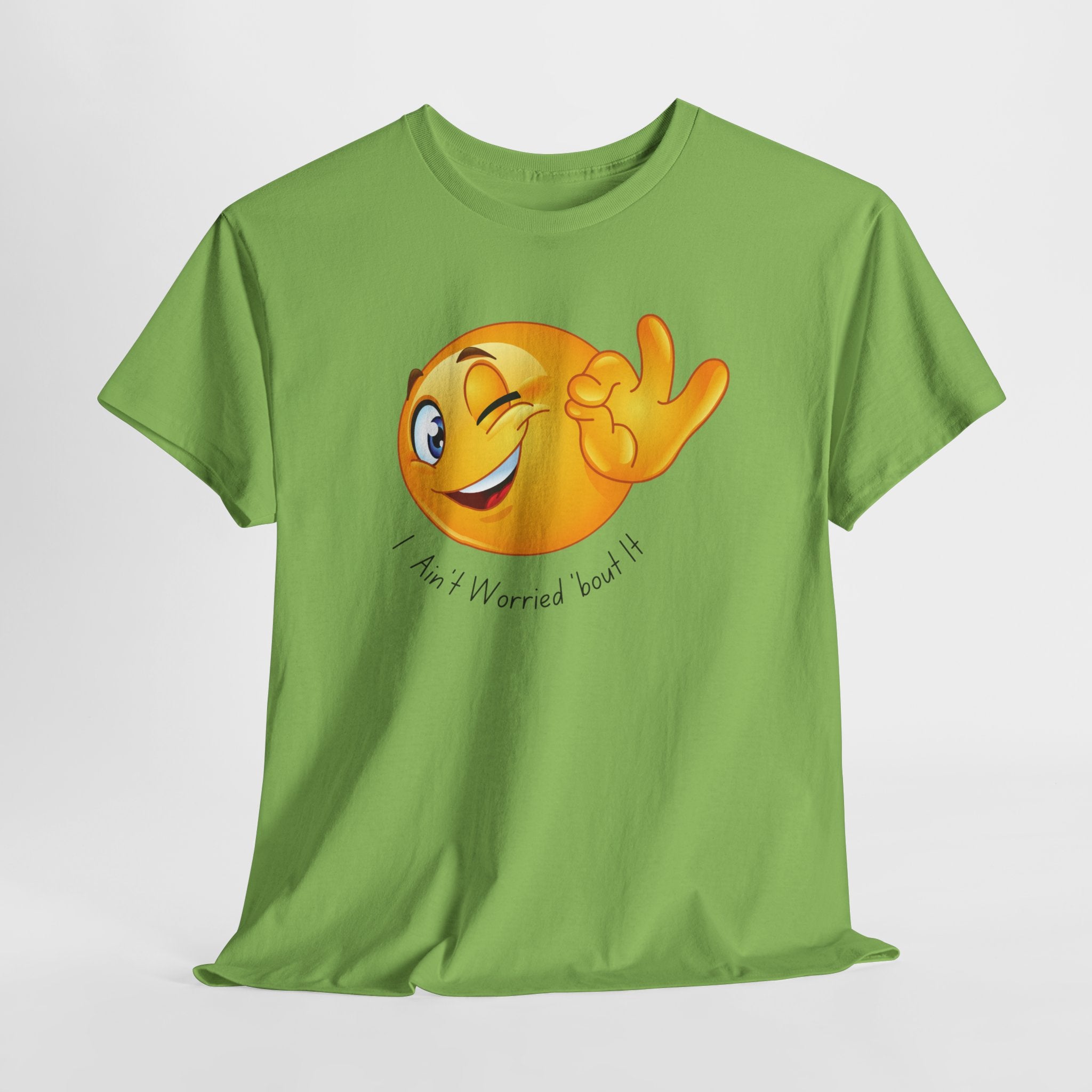 Smiley Winking Emoji Unisex Heavy Cotton Tee Shirt  — "I Ain’t Worried Bout It" Graphic T-Shirt