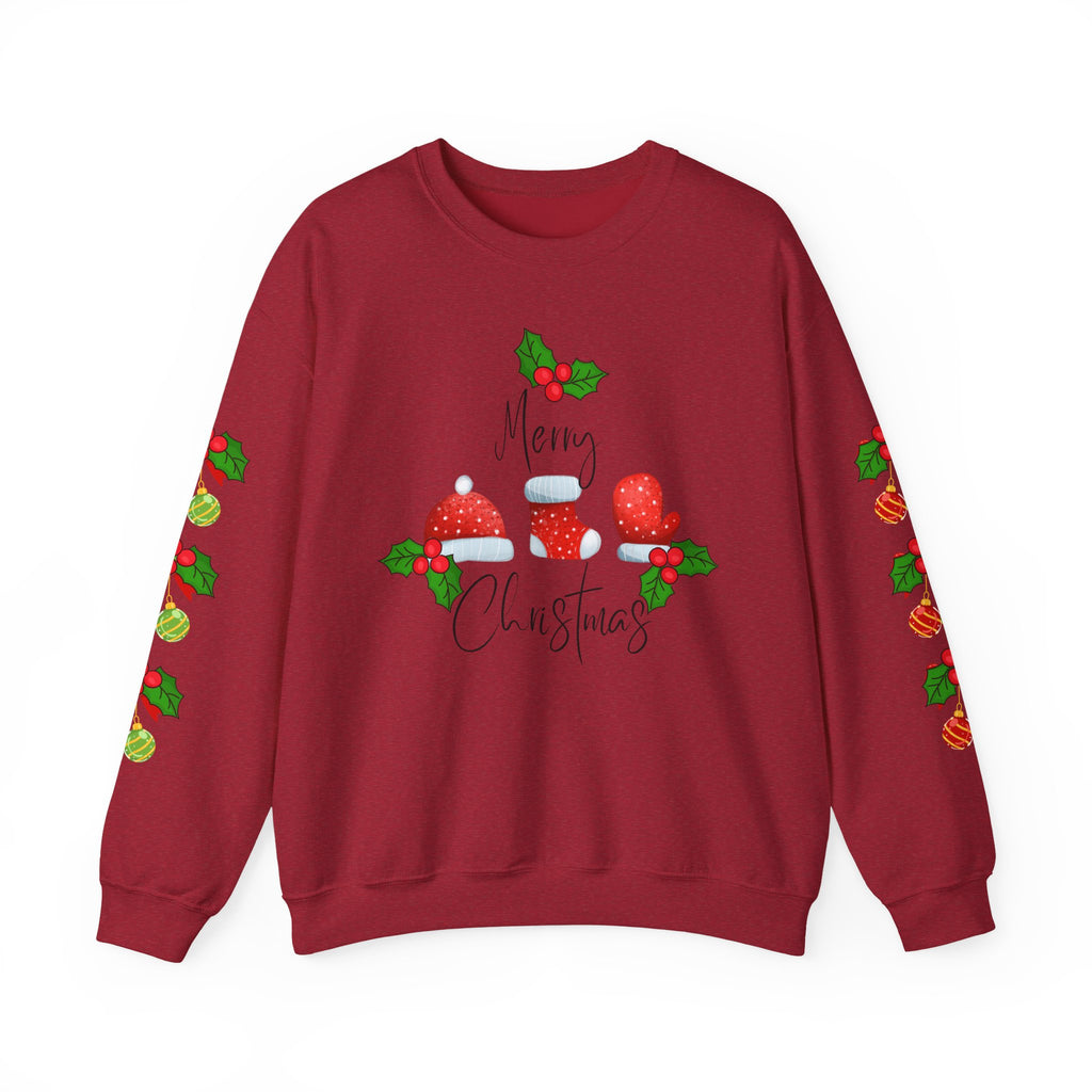 Festive Christmas Ornaments Unisex Sweatshirt Embellished with Side Arm Printing— 'Merry Christmas' Festive Holiday Crewneck