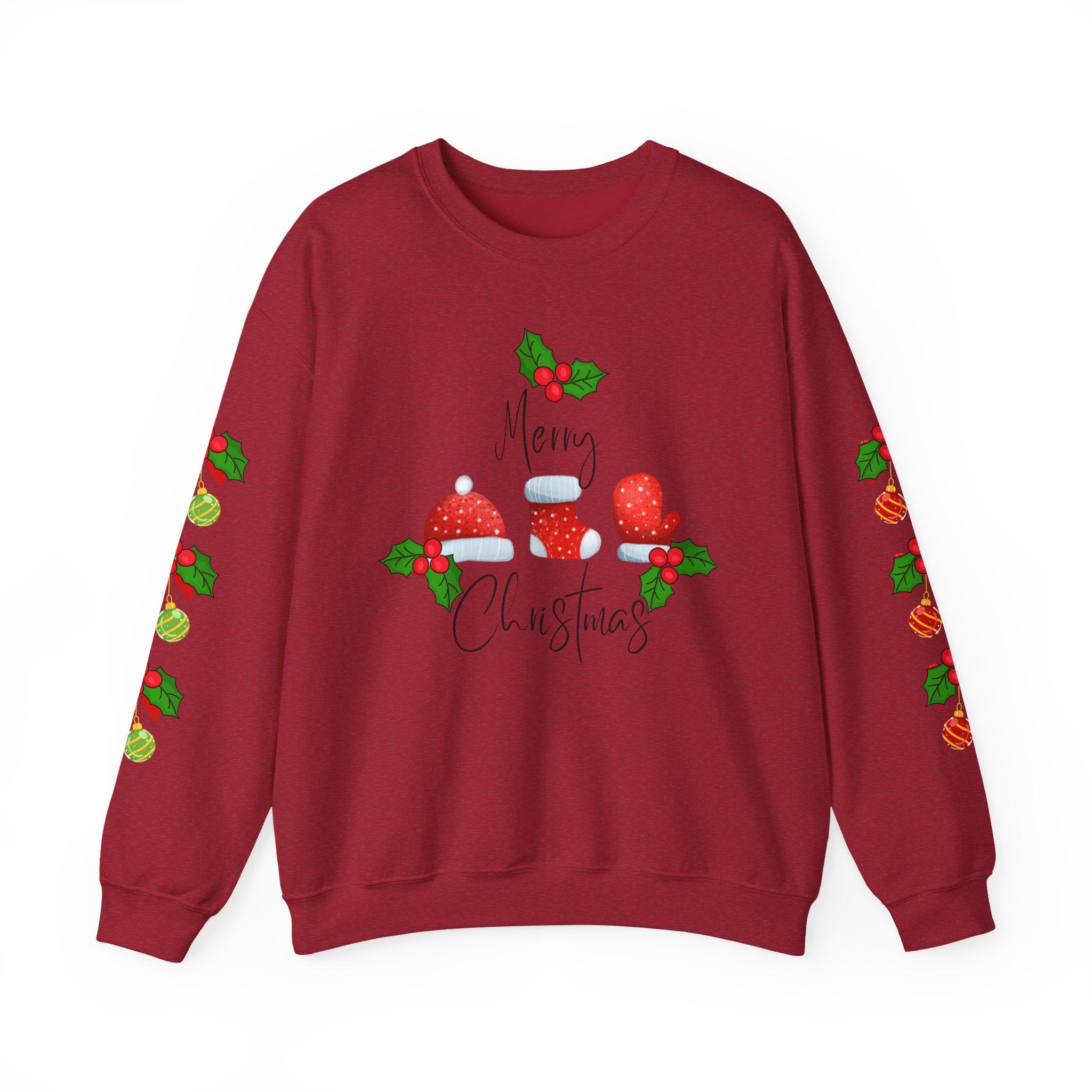 Festive Christmas Ornaments Unisex Sweatshirt Embellished with Side Arm Printing— 'Merry Christmas' Festive Holiday Crewneck