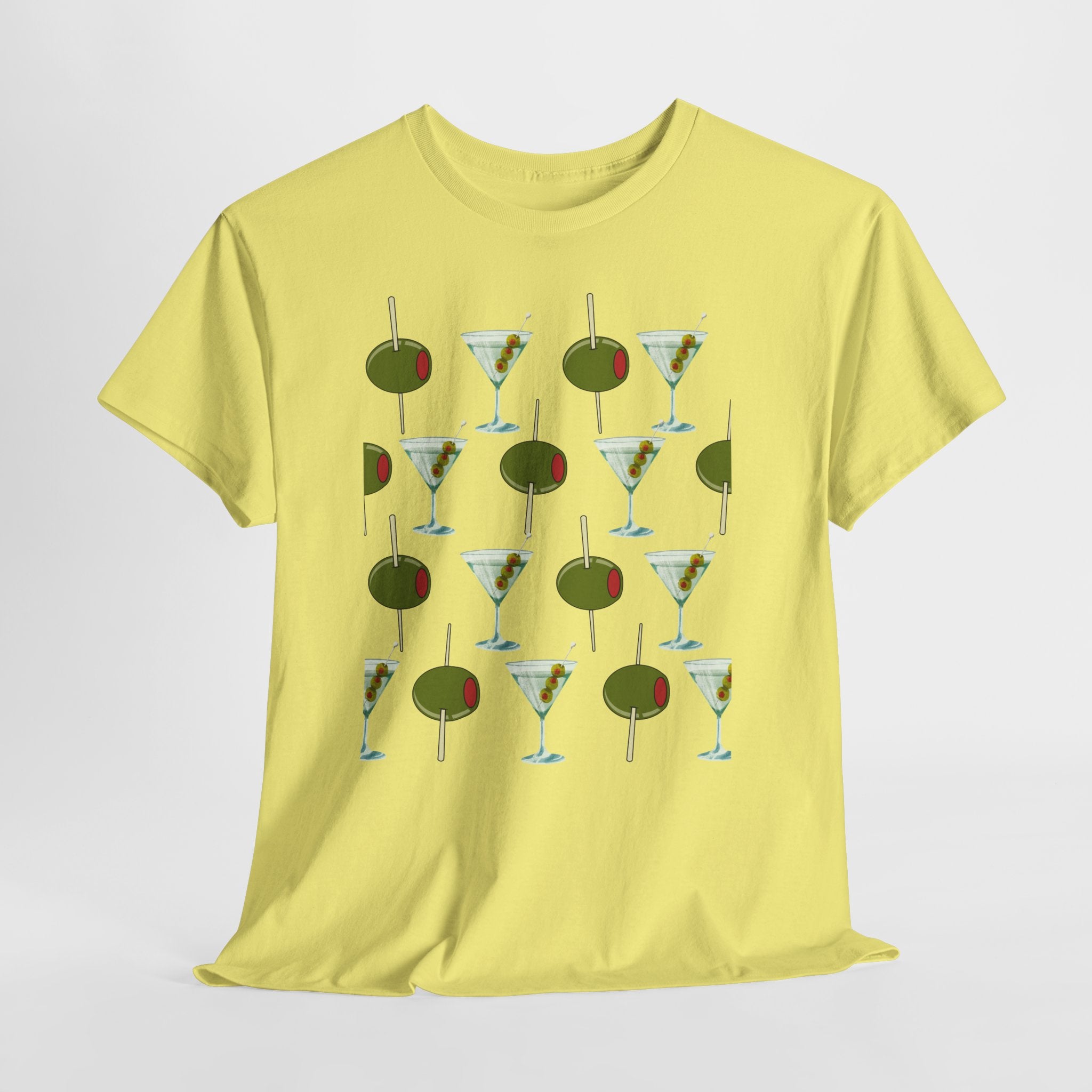 Fun Retro Martini Olive Graphic Pattern Unisex Heavy Cotton Tee — Cocktail Culture Lovers Graphic T-Shirt