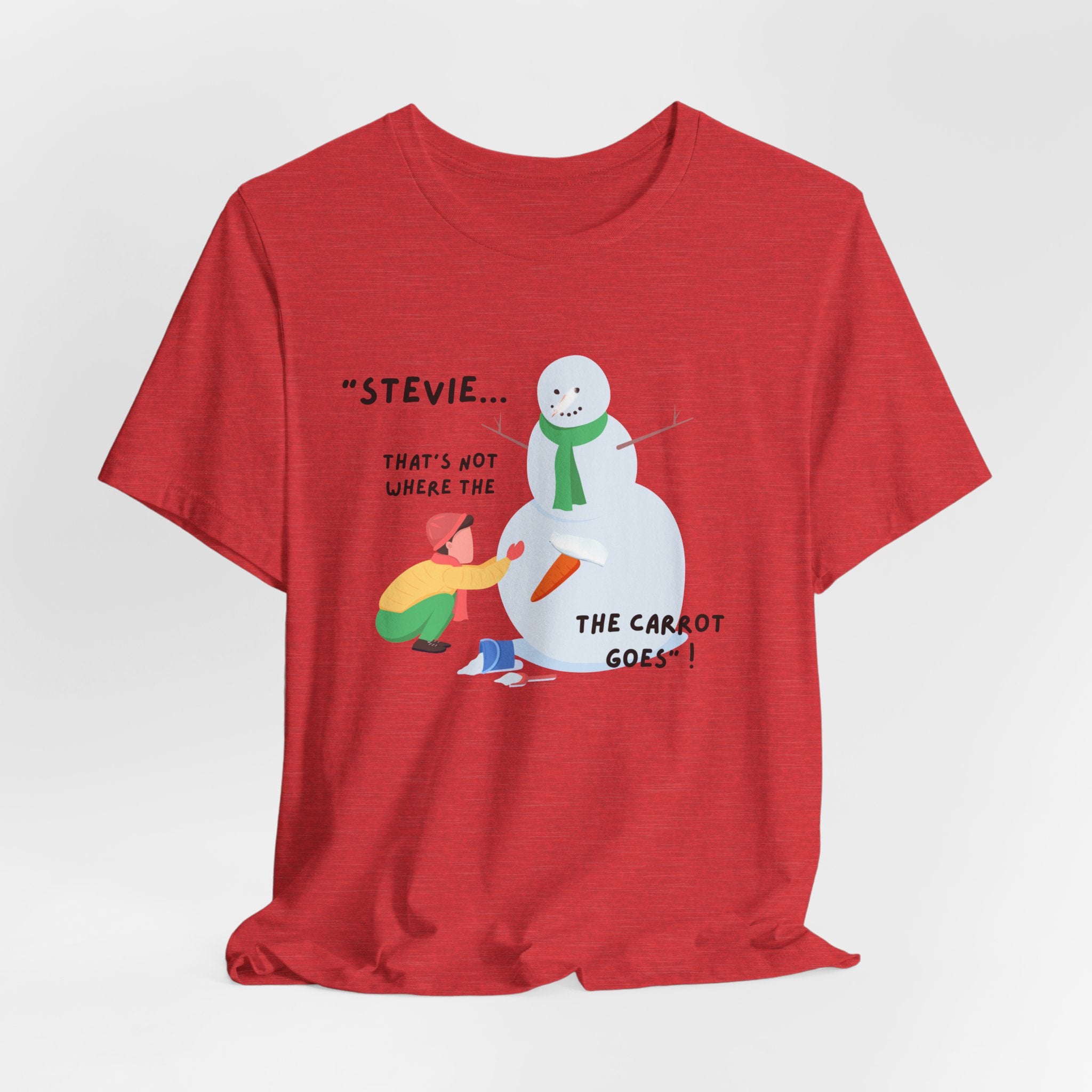 Funny Stevie Snowman Tee – Funny "That's Not Where the Carrot Goes" Graphic Unisex Heavy Cotton Holiday T-Shirt