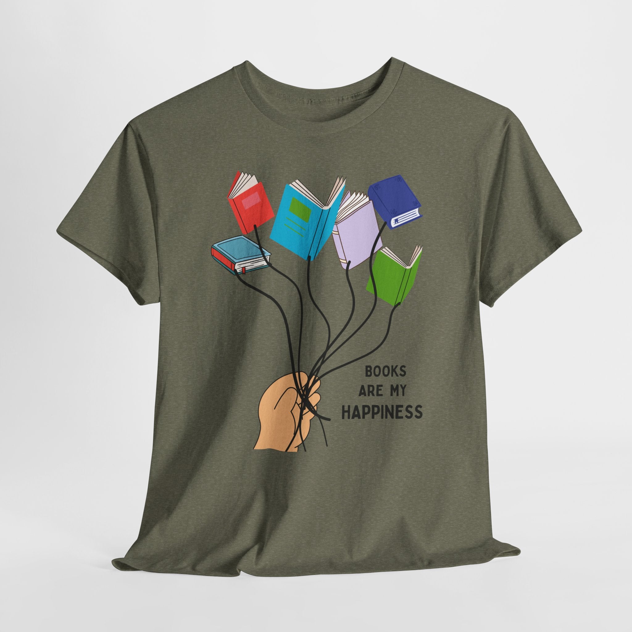 Fun Books Are My Happiness Unisex Heavy Cotton T-Shirt — Book Lover Tee with Colorful Book Balloon Bouquet