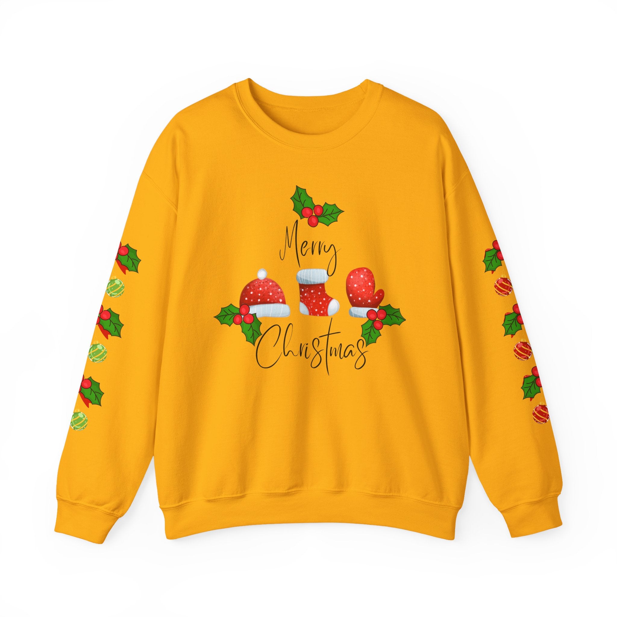 Festive Christmas Ornaments Unisex Sweatshirt Embellished with Side Arm Printing— 'Merry Christmas' Festive Holiday Crewneck