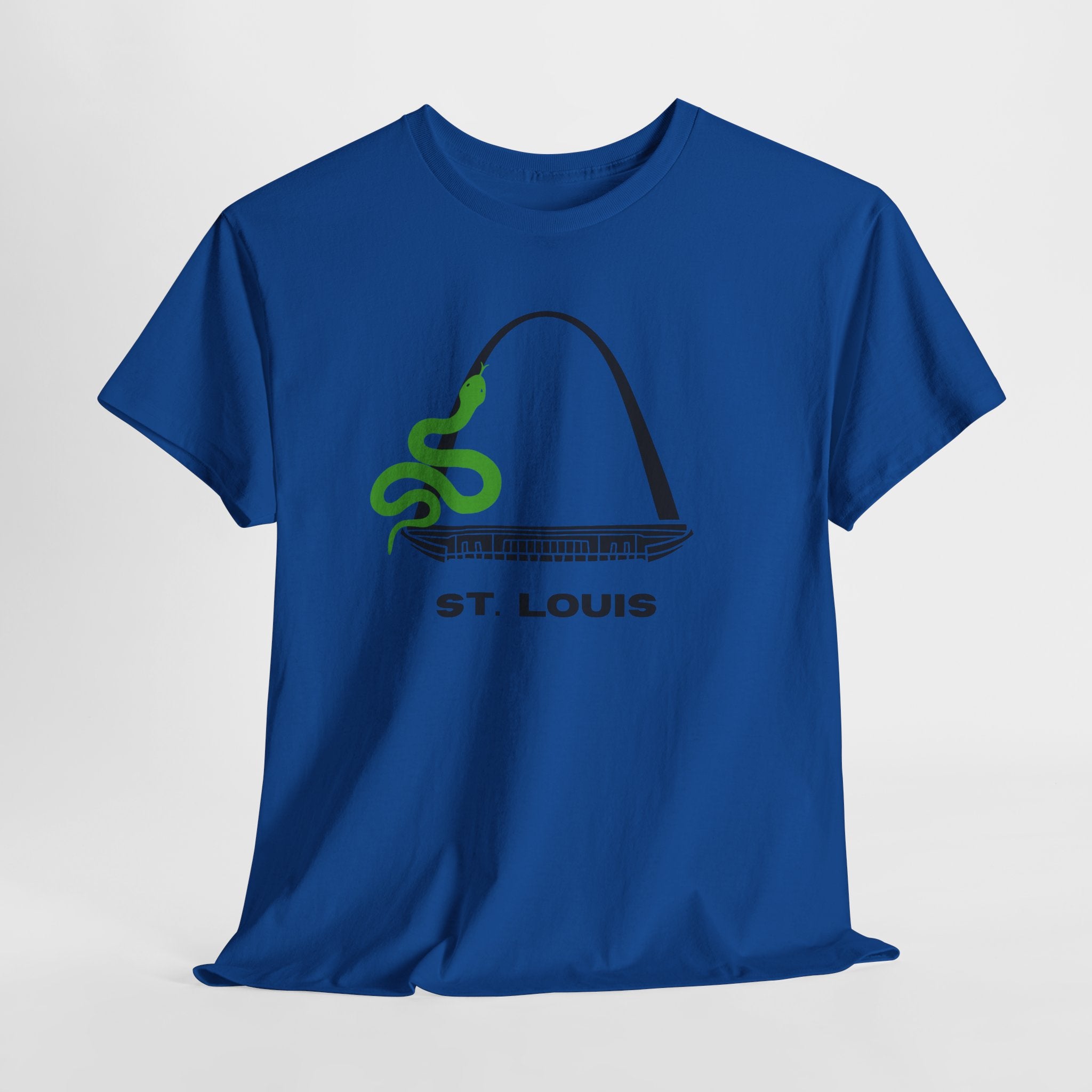 Fun and Quirky St. Louis Gateway Arch Graphic Unisex Heavy Cotton T‑Shirt — Green Snake Design