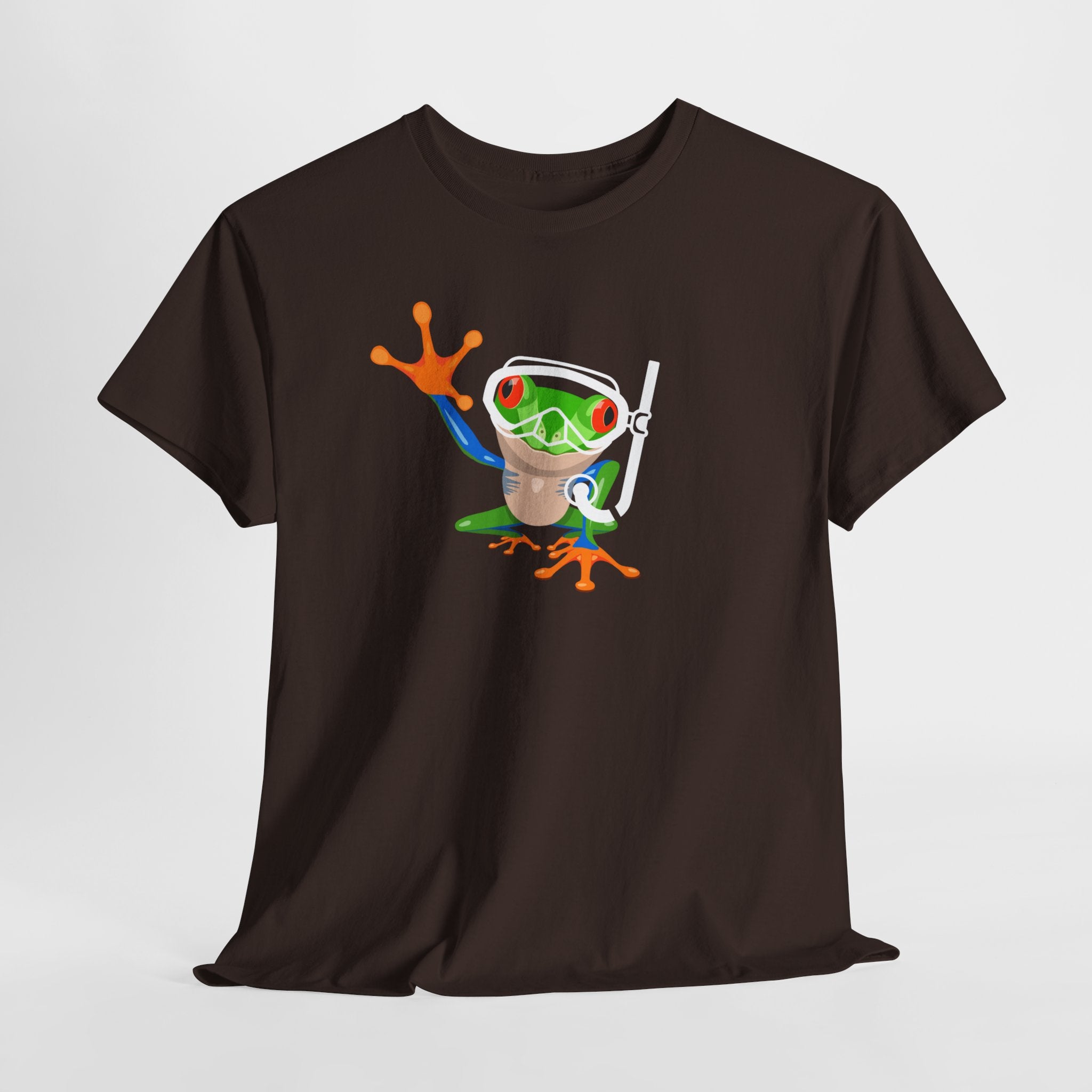 Fun Quirky Snorkel Tree Frog  (Dark Colors) Unisex Heavy Cotton Tee, Funny Frog Shirt, Cute Graphic Tee, Perfect Gift for Nature Lovers, Summer Fun Fashion