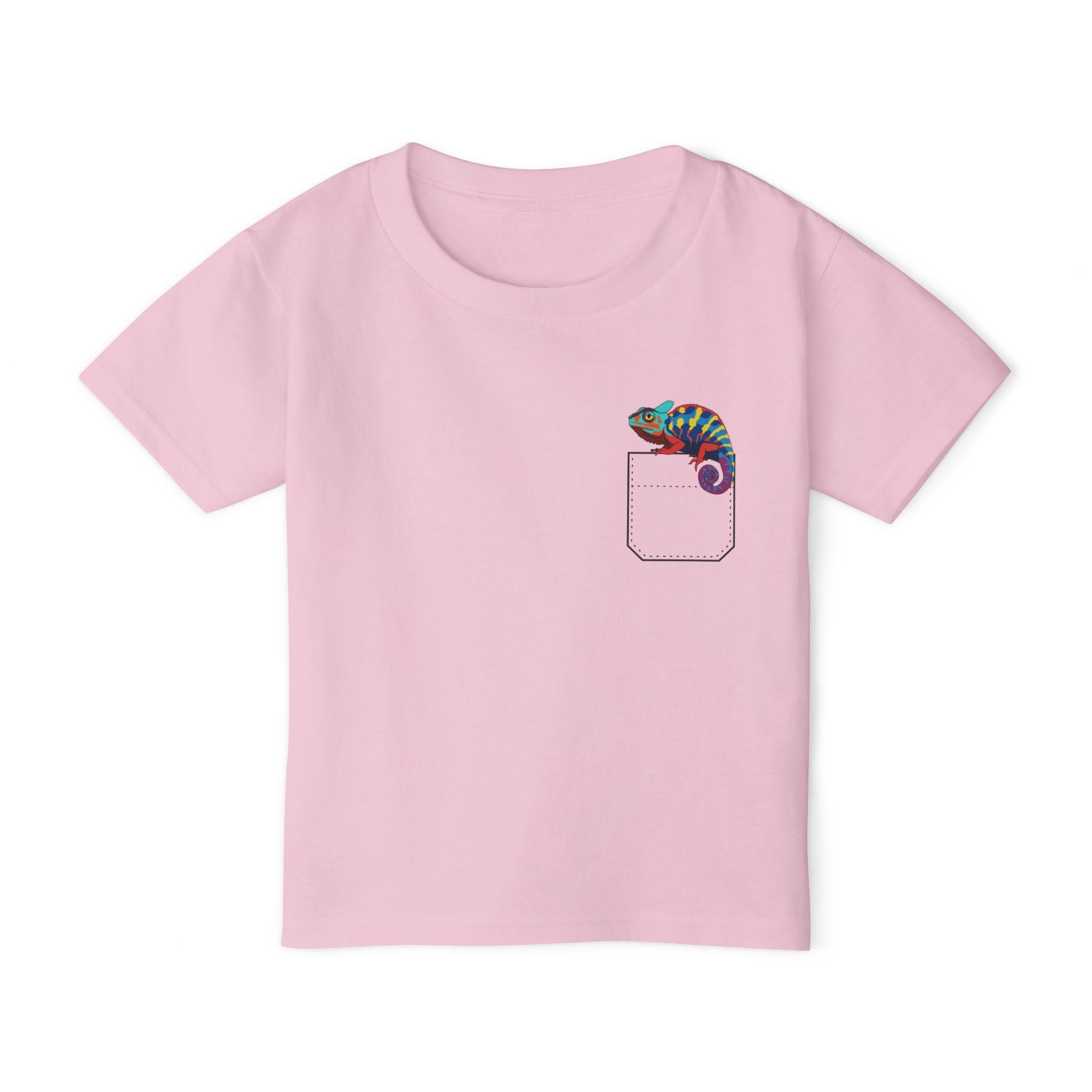 Colorful and Fun Pocket Pet (Chameleon)  Unisex Heavy Cotton  Toddler T-Shirt.  There is NO Pocket in this Shirt.  The Pocket is part of the Artwork