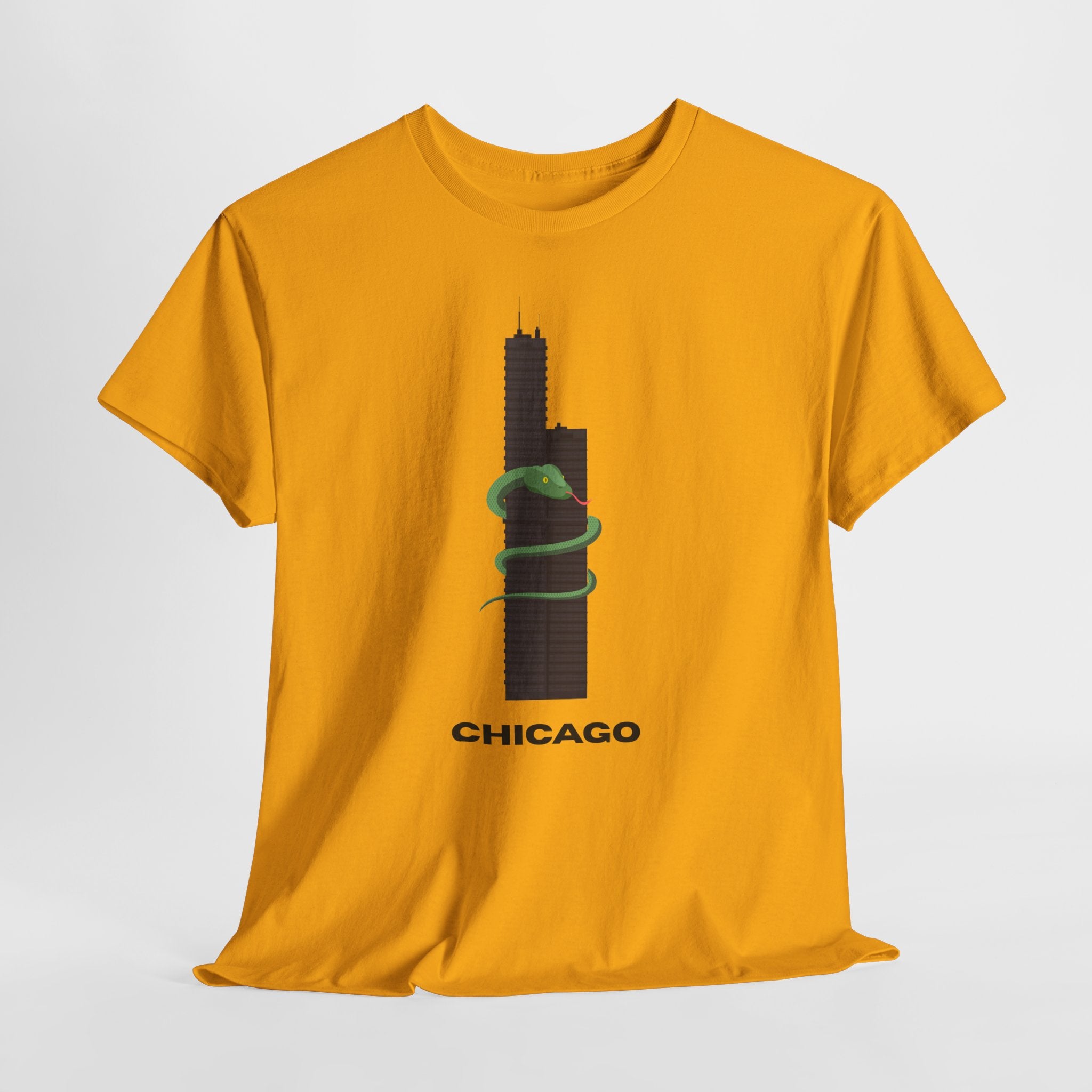 Fun and Quirky Graphic Chicago Skyline  Unisex Heavy Duty T-Shirt with Green Snake Graphic