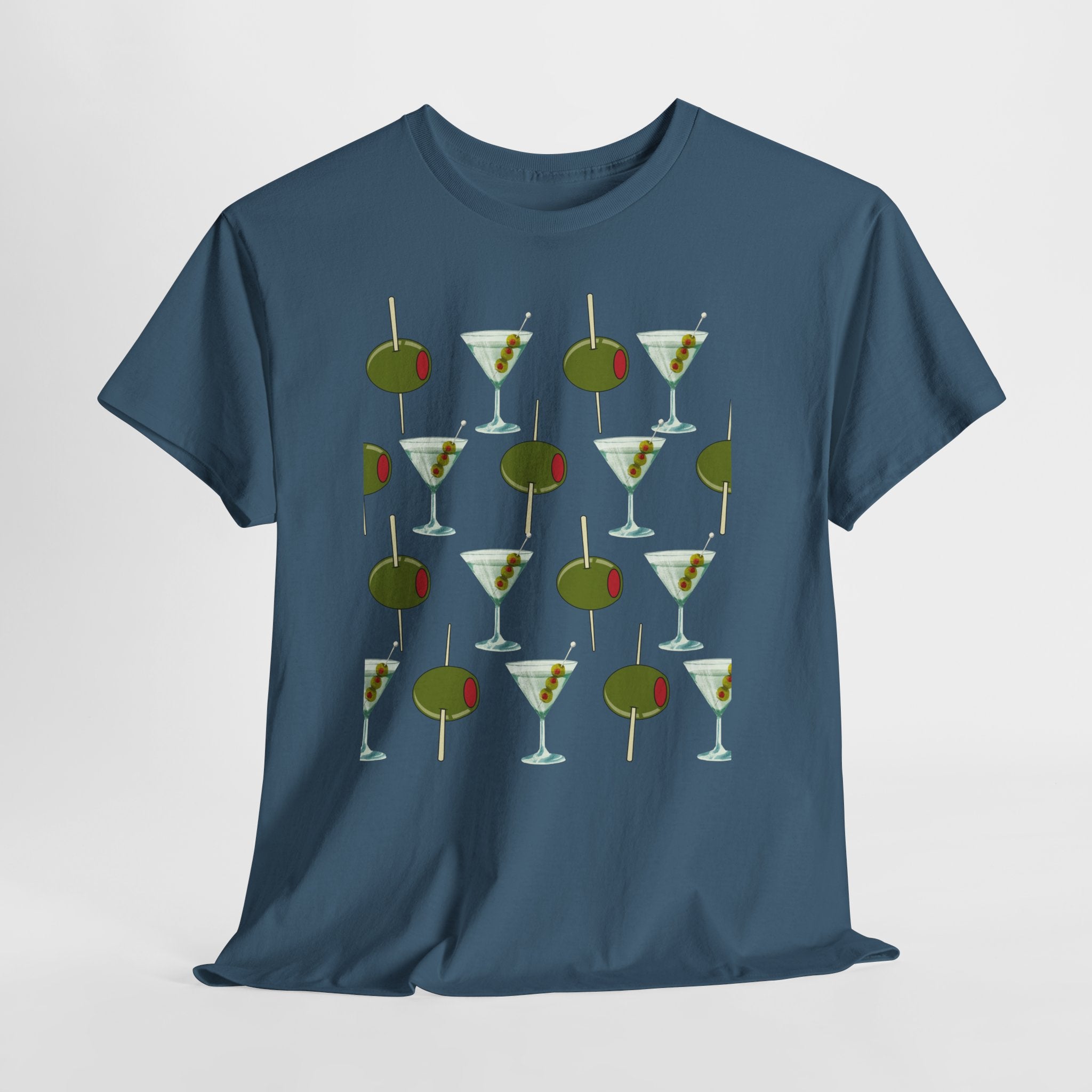 Fun Retro Martini Olive Graphic Pattern Unisex Heavy Cotton Tee — Cocktail Culture Lovers Graphic T-Shirt
