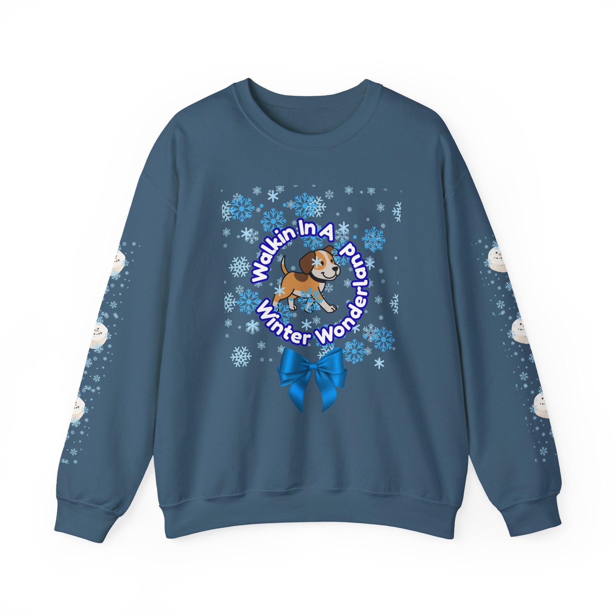 Happy Dog Lover Holiday "Walkin' In A Winter Wonderland" Unisex Crewneck Sweatshirt with Side Arm Embellishments