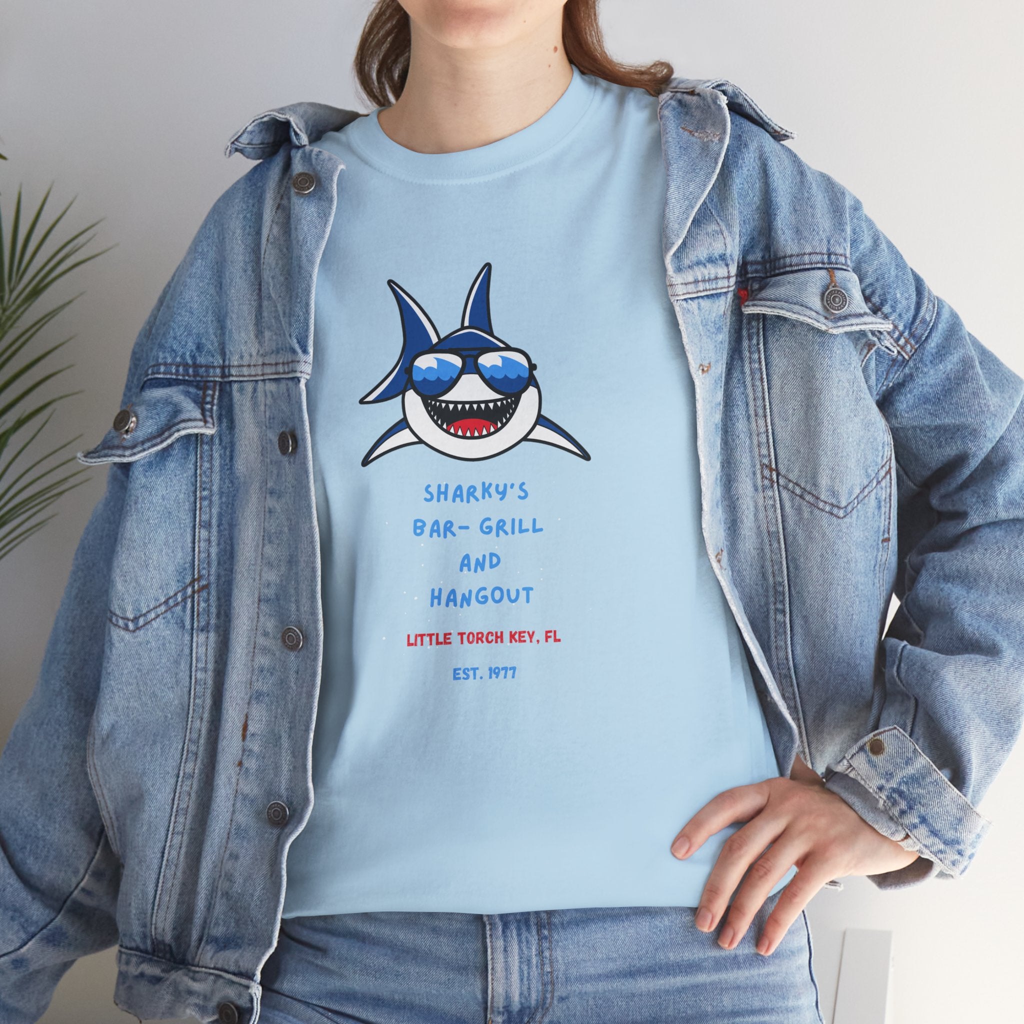 Unisex Cotton Tee - Sharky’s Hangout, in The FL. Keys Fun Graphic Tee, Summer Casual Wear, Beach Party Shirt, Gift for Ocean Lovers