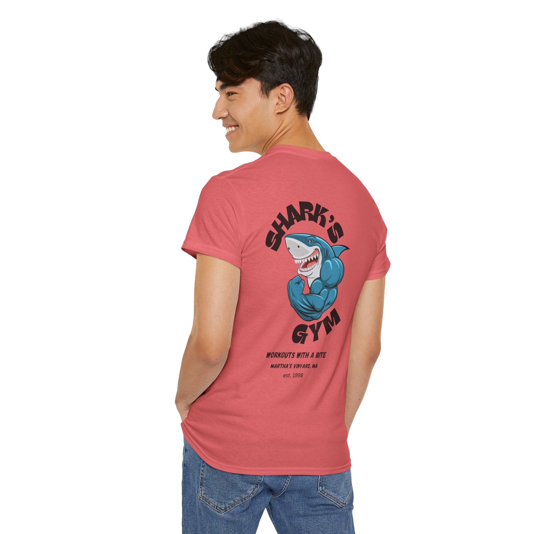 World Famous Shark's Gym  Martha's Vinyard, MA  (Back Design) Unisex Workout Tee Shirt