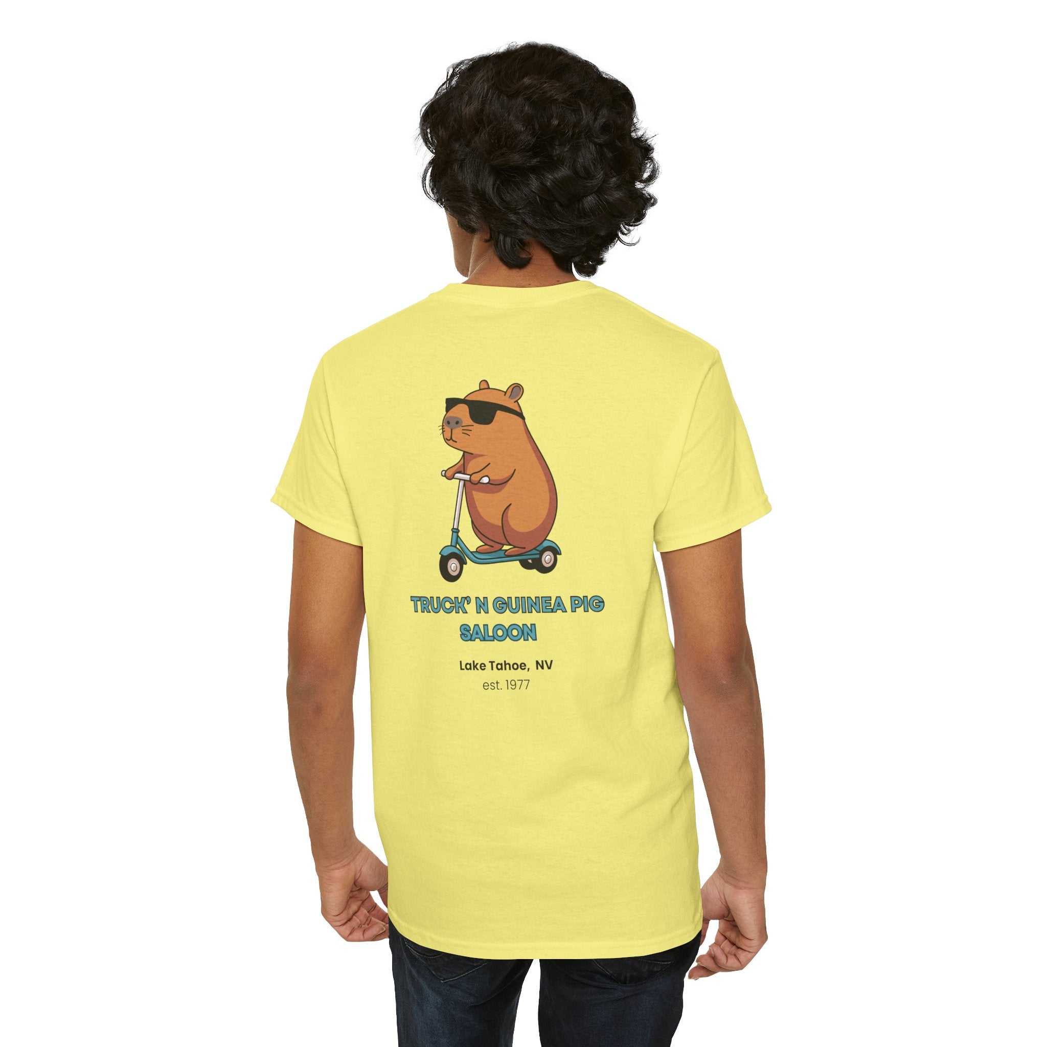 Cool Truck'n Guinea Pig  Lake Tahoe, NV (Back Design) Tee | Fun Unisex Heavy Cotton T-Shirt for Animal Lovers, Casual Wear, Gift for Birthdays, Summer Vibes, Pig Lovers