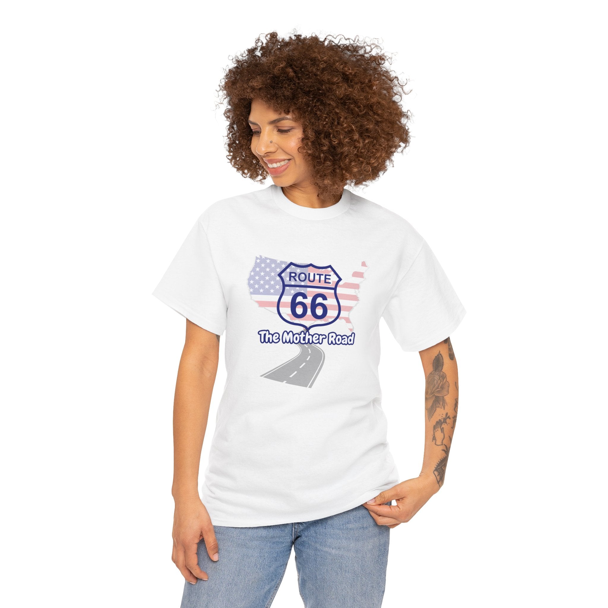 US Route 66 The Mother Road Unisex Heavy Cotton Tee - Vintage Americana T-Shirt, Travel Shirt, Road Trip Gift, USA Route Apparel, Fun Summer Wear