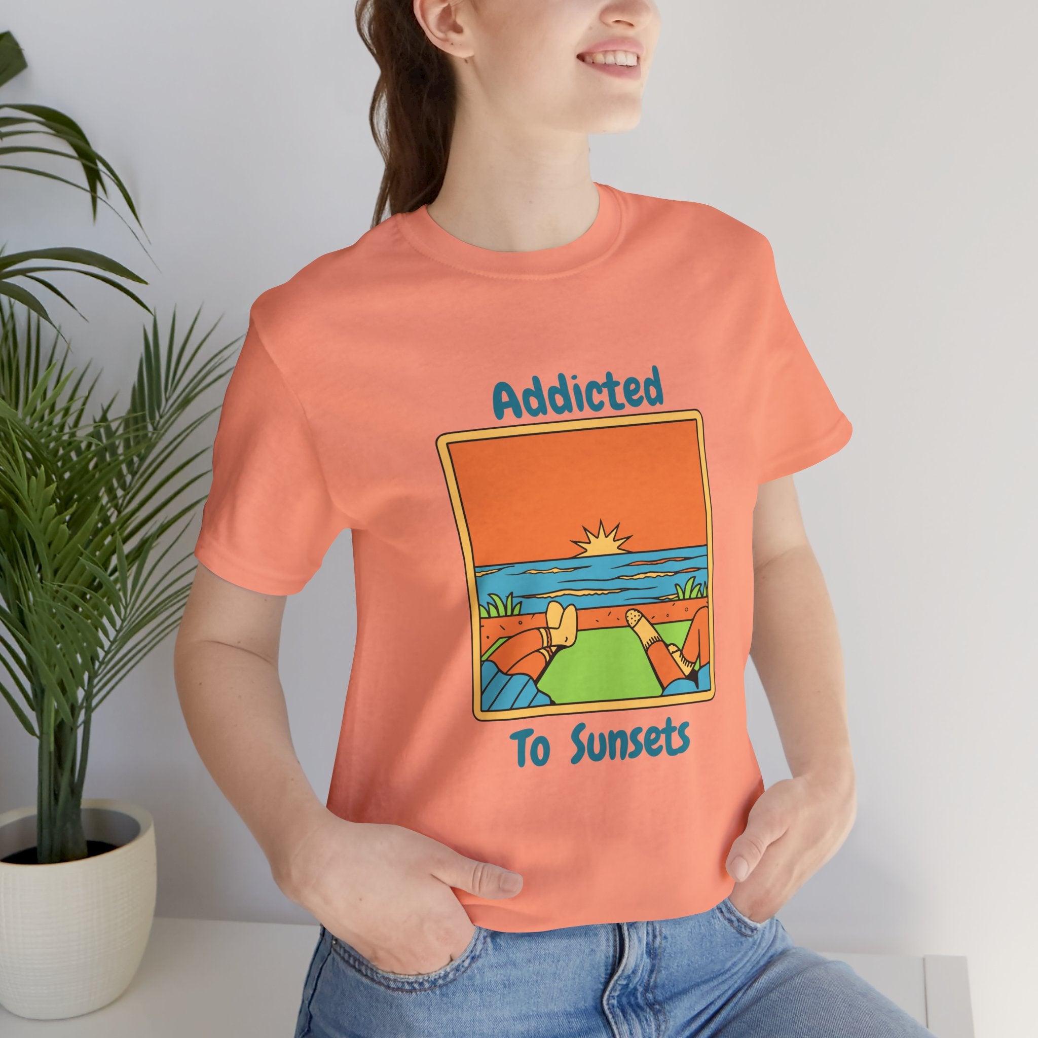Retro(ish) Addicted to Sunsets Unisex Short Sleeve Heavy Cotton Tee – Perfect for Beach Lovers
