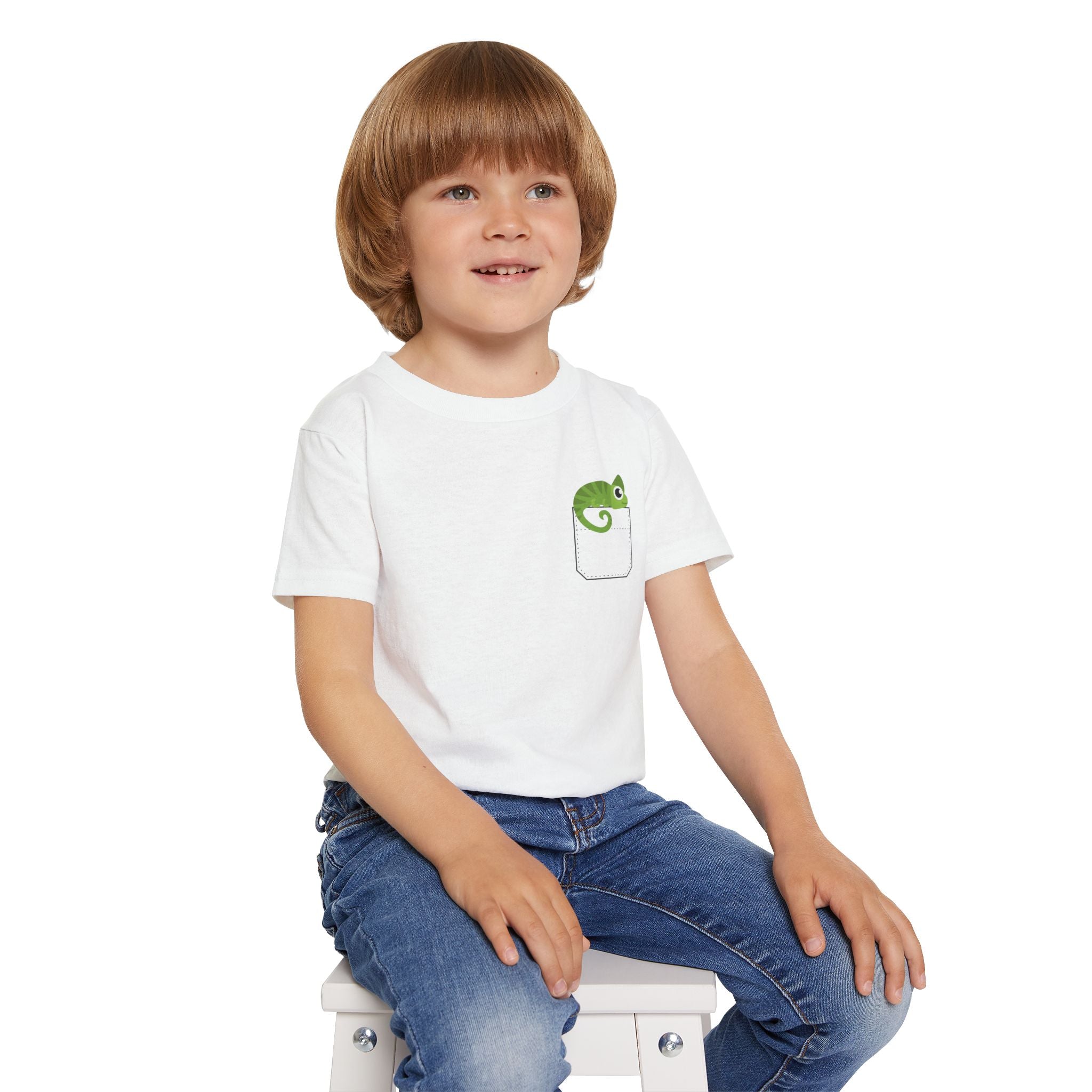 Cute and Fun Pocket Pet (Chameleon) Unisex Heavy Cotton  Toddler T-Shirt. There is NO Pocket in this Shirt.  The Pocket is part of the Artwork