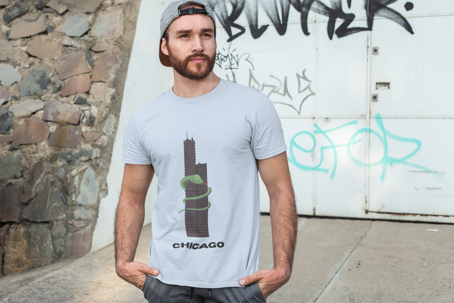 Fun and Quirky Graphic Chicago Skyline  Unisex Heavy Duty T-Shirt with Green Snake Graphic