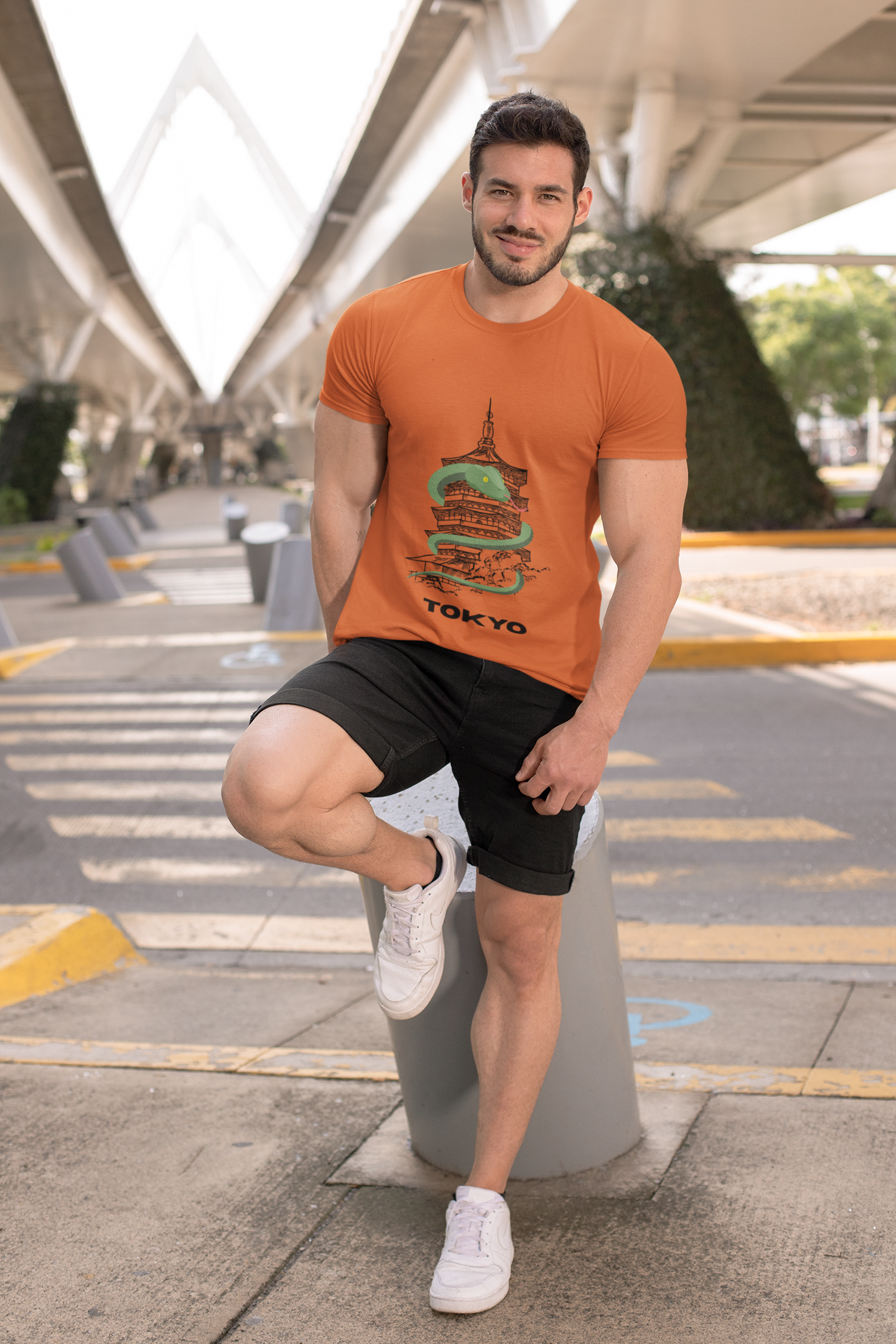 Quirky and FunTokyo Pagoda Serpent Graphic Unisex Heavy Cotton Tee — Green Snake & Pagoda Travel T‑Shirt