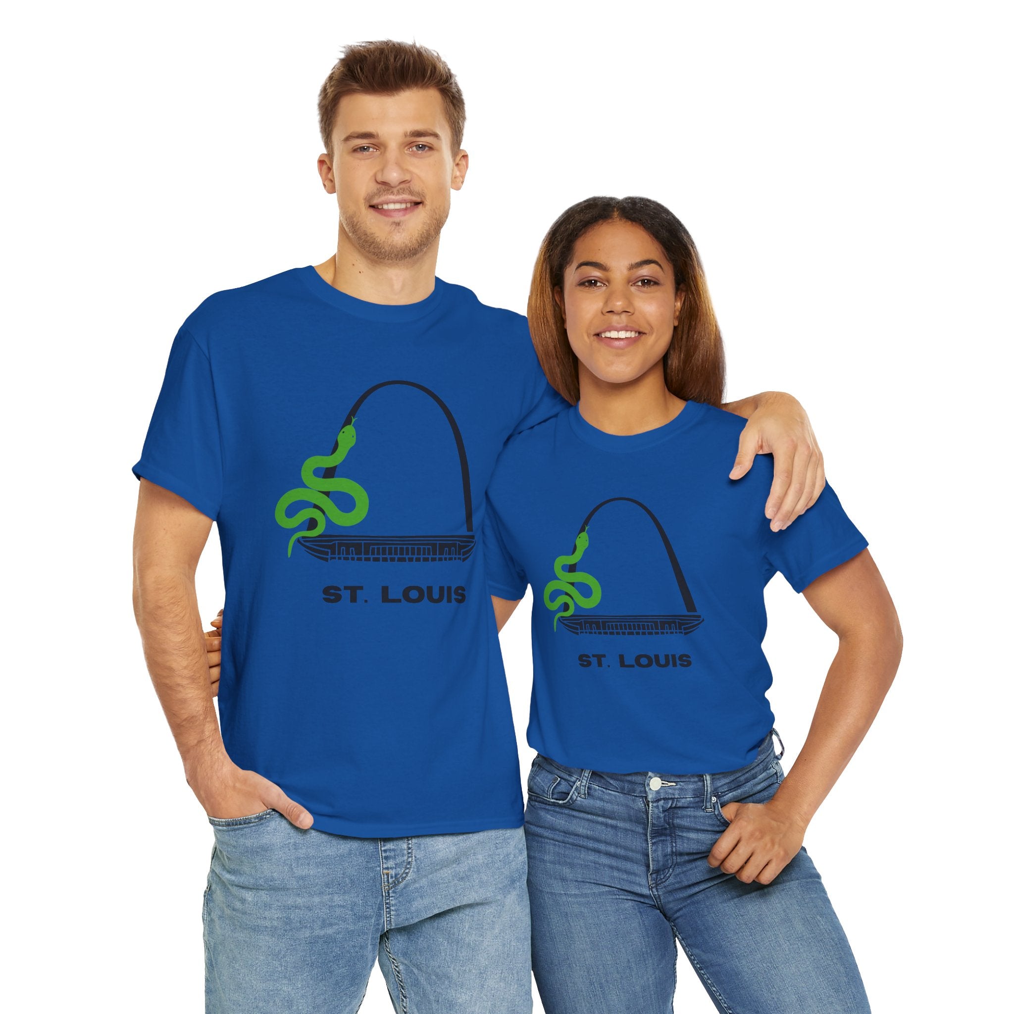 Fun and Quirky St. Louis Gateway Arch Graphic Unisex Heavy Cotton T‑Shirt — Green Snake Design
