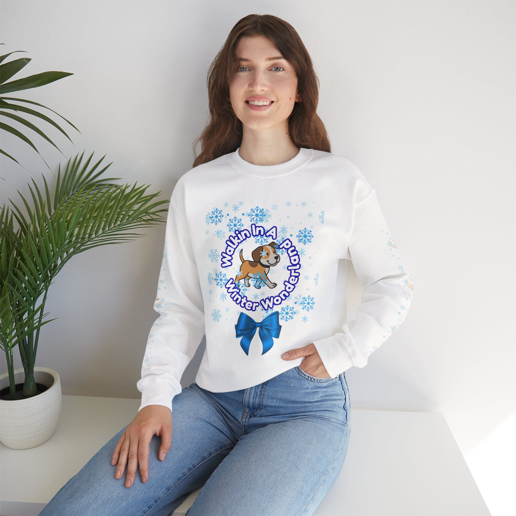Happy Dog Lover Holiday "Walkin' In A Winter Wonderland" Unisex Crewneck Sweatshirt with Side Arm Embellishments