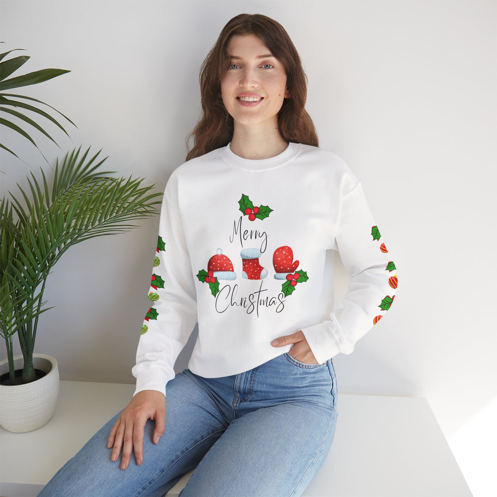 Festive Christmas Ornaments Unisex Sweatshirt Embellished with Side Arm Printing— 'Merry Christmas' Festive Holiday Crewneck