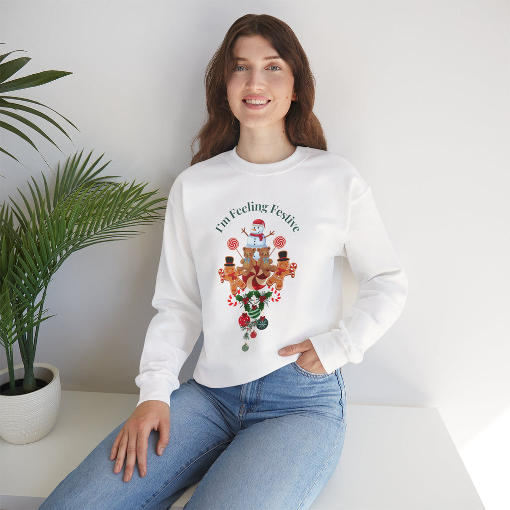 Colorful Fun "I'm Feeling Festive" Holiday Gingerbread & Snowman Graphic Design Crew Neck Unisex Sweatshirt