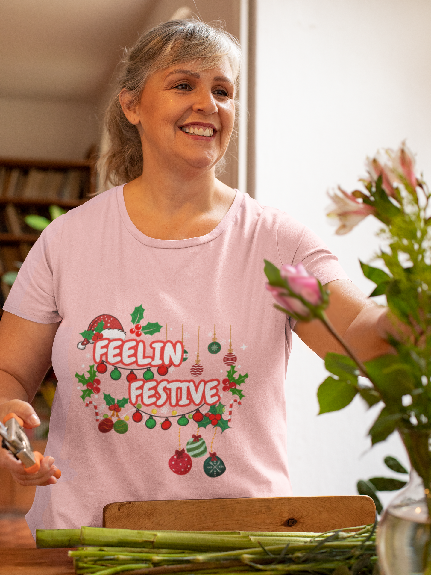 Traditional Colored Feeling Festive Christmas  Unisex Heavy Cotton Tee —With Sleeve Design Print Holiday Ornament & Wreath Graphic Shirt