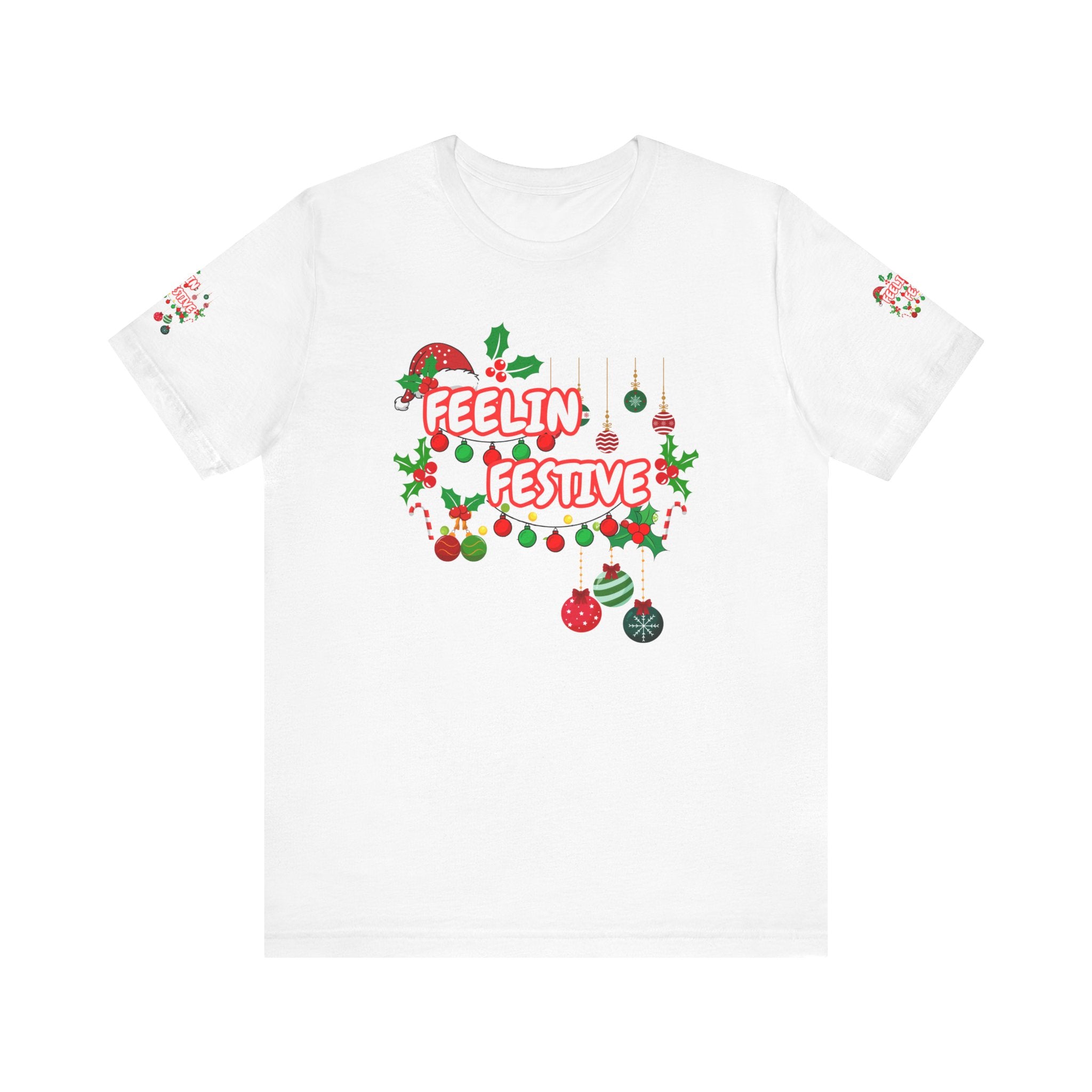 Traditional Colored Feeling Festive Christmas  Unisex Heavy Cotton Tee —With Sleeve Design Print Holiday Ornament & Wreath Graphic Shirt