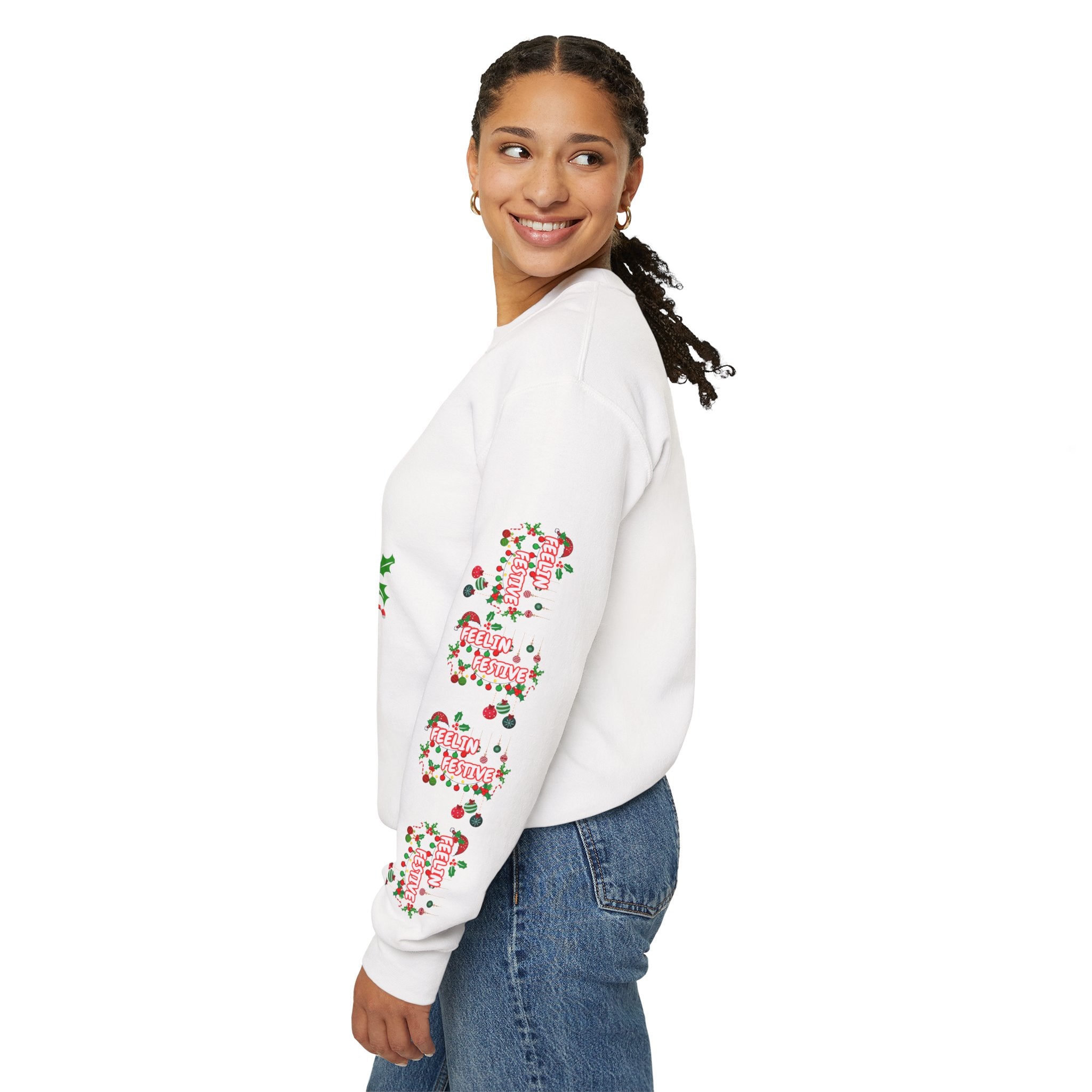 Fun and Traditional Colored Feelin' Festive Crewneck Unisex Sweatshirt with Sleeve Embelishments— Christmas Holiday Graphic On Front and Sleeves