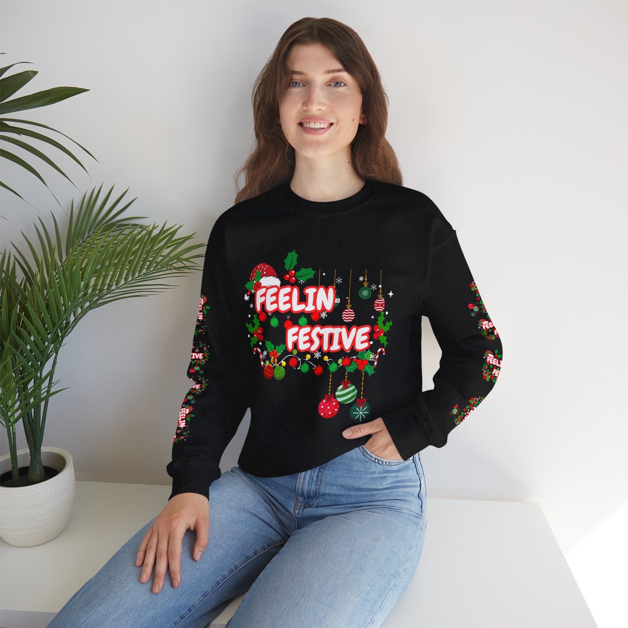 Fun and Traditional Colored Feelin' Festive Crewneck Unisex Sweatshirt with Sleeve Embelishments— Christmas Holiday Graphic On Front and Sleeves